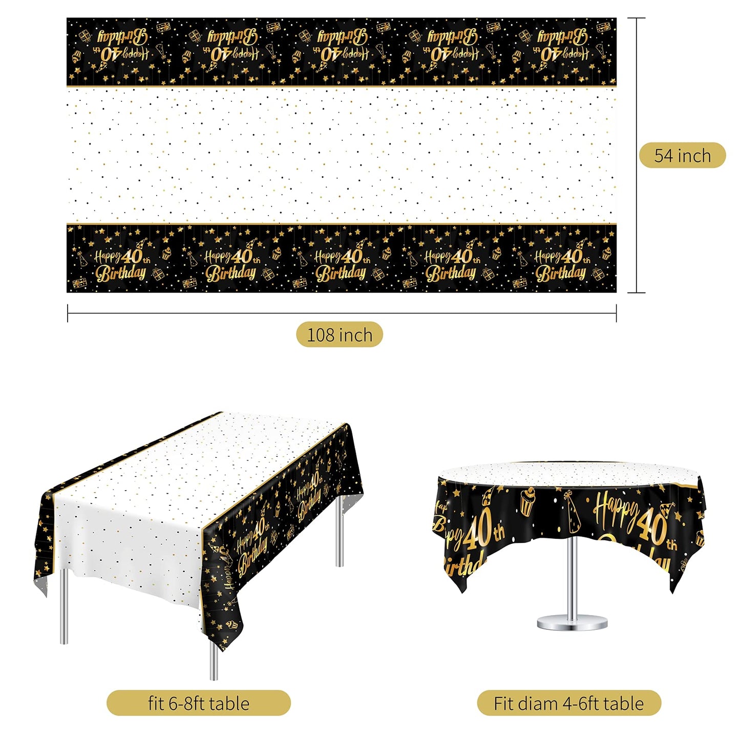Ruisita 2 Pack Black Gold Table Cloth Cover Happy 40th Birthday Tablecloth Party Tablecloths Rectangular Table Cloth Cover for Indoor or Outdoor Parties Birthdays