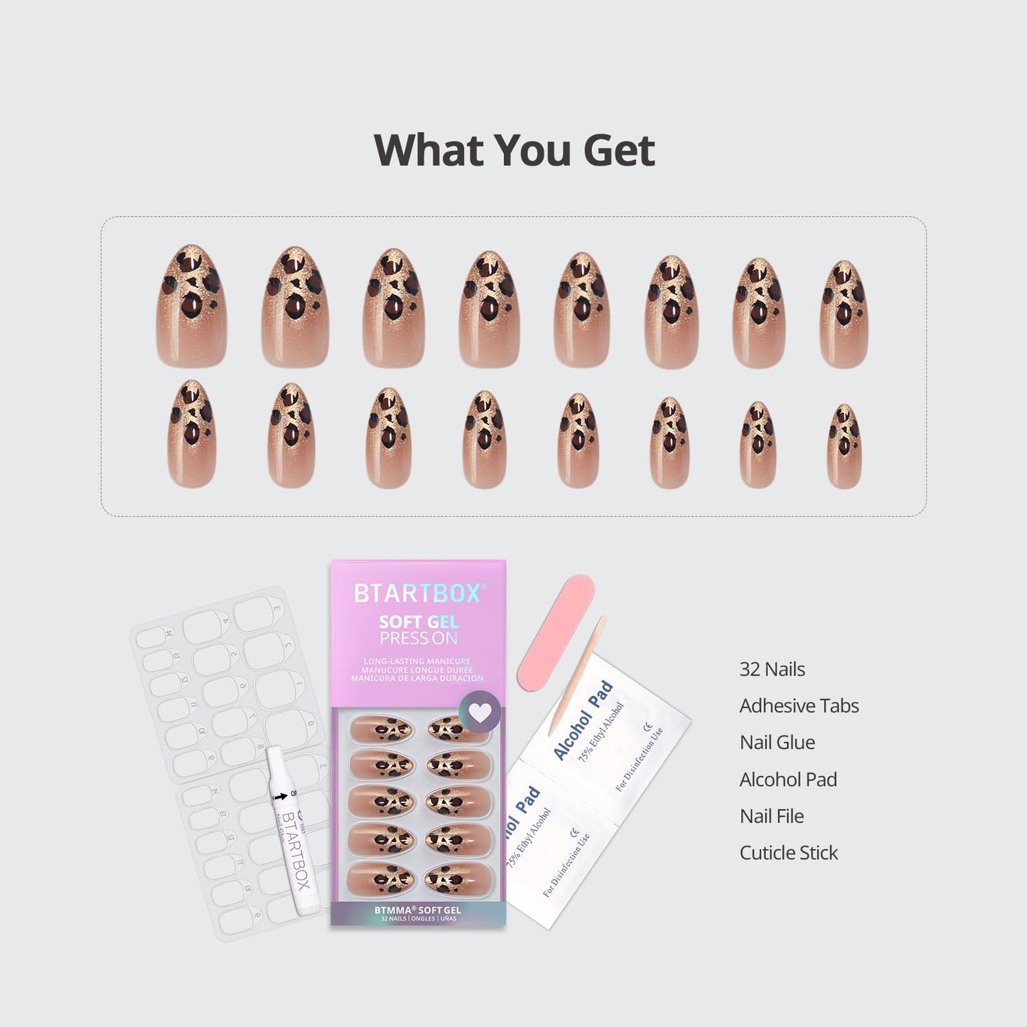 BTArtbox Press On Nails Almond - Gilder Roar, Sparkly Leopard Medium Press On Nails with Glue and Adhesive Tabs for Women, Soft Gel Glue On Nails in 16 Sizes - 32 Stick On Nails Kit
