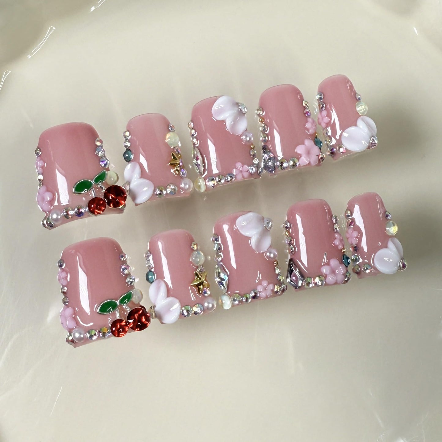 Duck Press on Nails Duck Handmade Press on Nails 3D Luxury Rhinestone Cherry and Pearl Acrylic Fake Nails Designs Flower Stick on Nails Full Cover Thickened False Nails for Women Nail Art DIY（M)