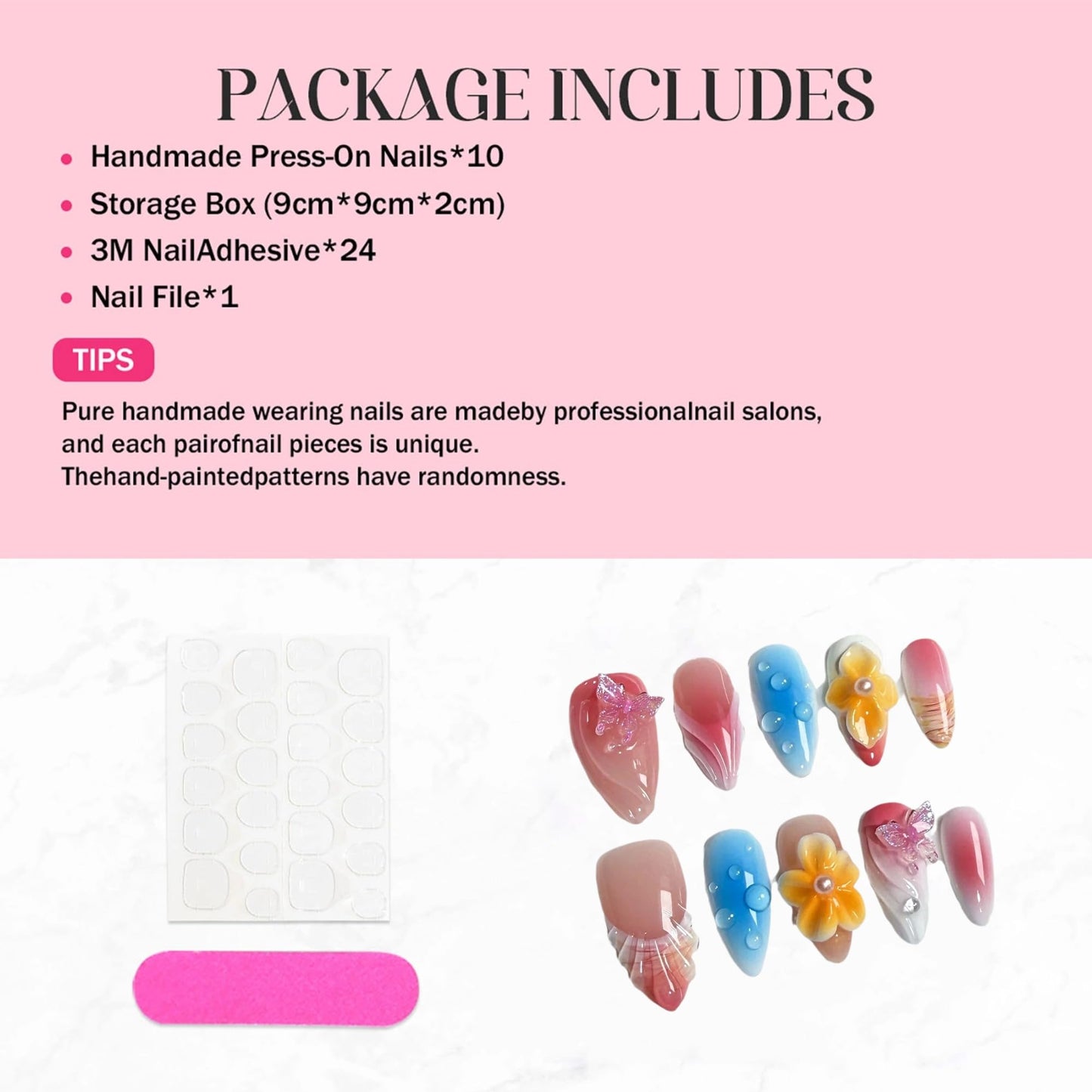 Qicaijia 10Pcs(Size M) Medium Almond Handmade Press On Nails - Luxury Glossy French Tip Acrylic Fake Nails with 3D Butterfly Floral Petal Designs, Reusable for Women’s Manicure