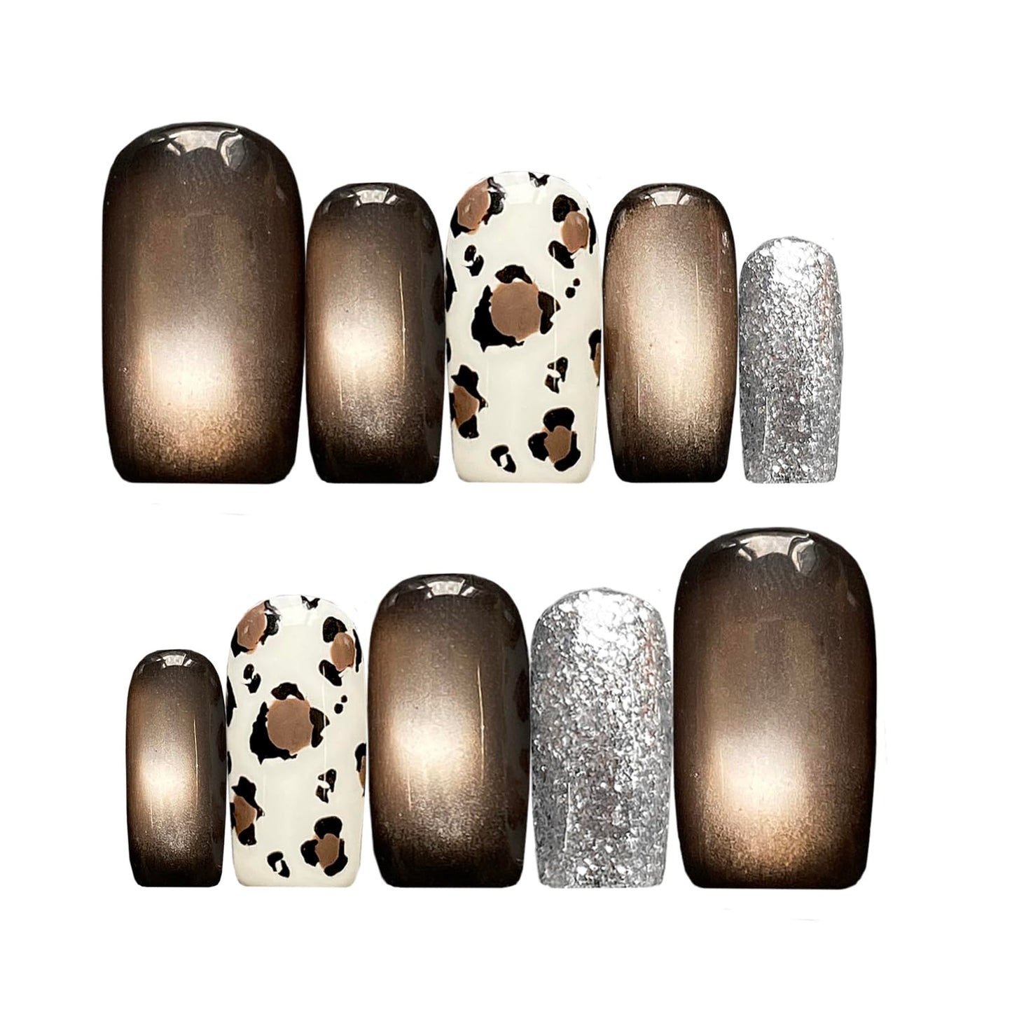 DreamRunNails Handmade Press on Nails, Medium Almond Glue on Nails, Glossy Finish False Nails, Bronze and Leopard Print with Silver Glitter, Reusable Acrylic Fake Nails
