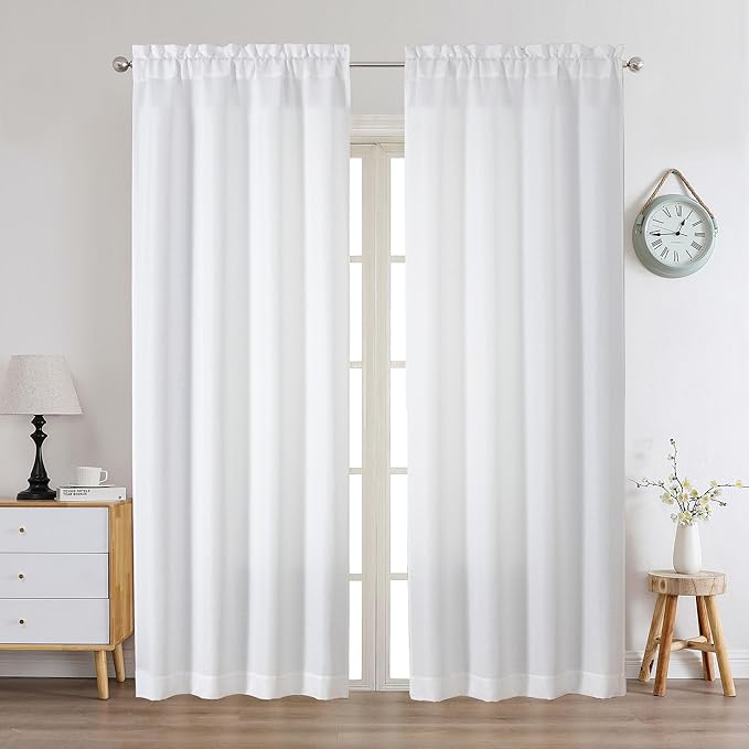 Chyhomenyc White Curtains 78 Inch Length 2 Panels Set, Faux Linen Textured Light Filtering Soft Airy Farmhouse Curtain Drapes for Living Room Bedroom, 40Wx78L