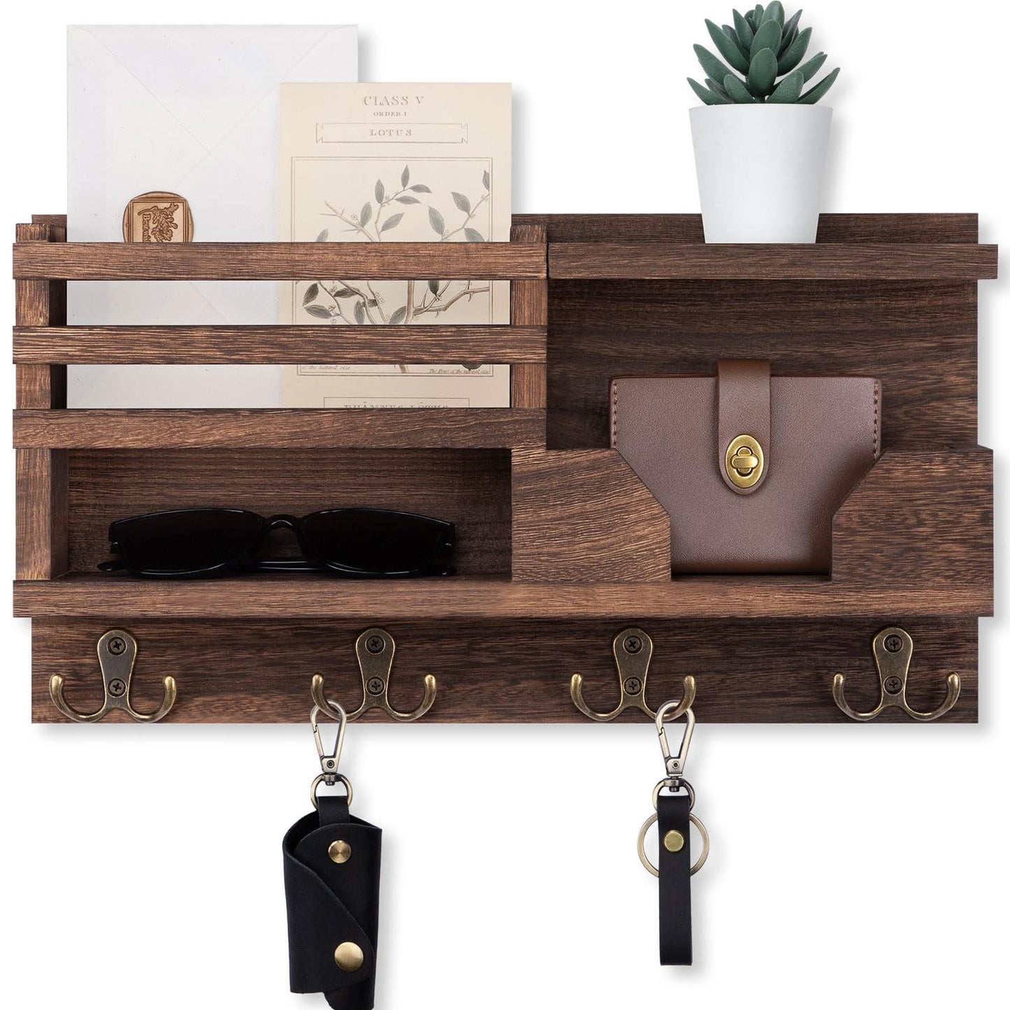 Lwenki Mail and Key Holder for Wall – Decorative 15.9” x 8.7” x 3.2” Entryway Organizer with Shelf – Paulownia Wood with 4 Dual Hooks Includes Mounting Hardware and Installation Guide