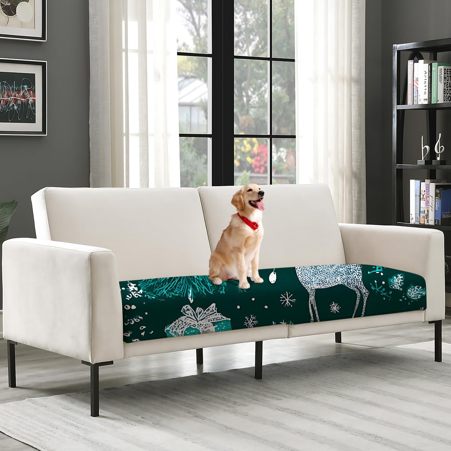 LEIWEIHOPE Forest Christmas Seat Cushion Cover, Deep Green Holiday Sofa Cushion Slipcover with Gift & Winter Deer Pattern, Stretch Couch Seat Protector with Elastic Bottom, Furniture Cover,Medium