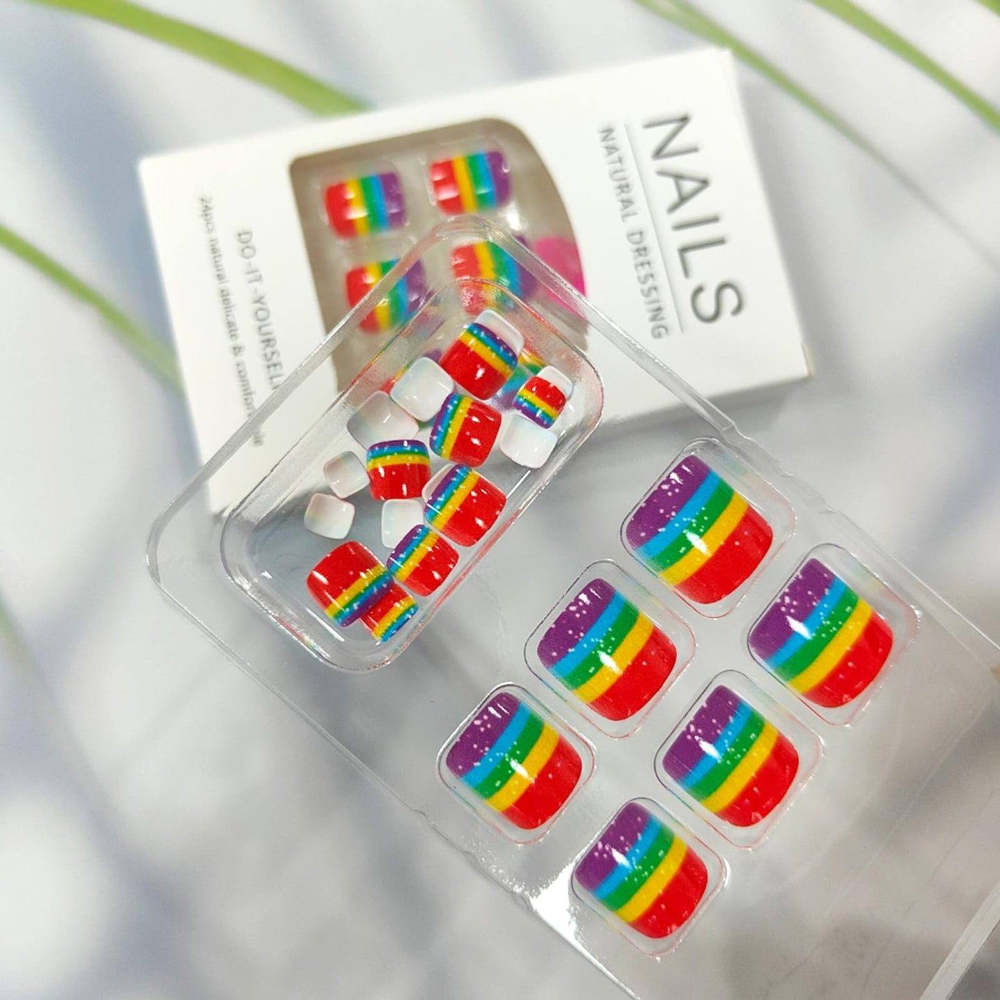 Rainbow Press on Toenails Short Square Fake Toe Nails Press ons Colorful Stripes Design False Toenails Glossy Glue on Toe Nails Spring Summer Acrylic Toenails for Coquette Women 24Pcs
