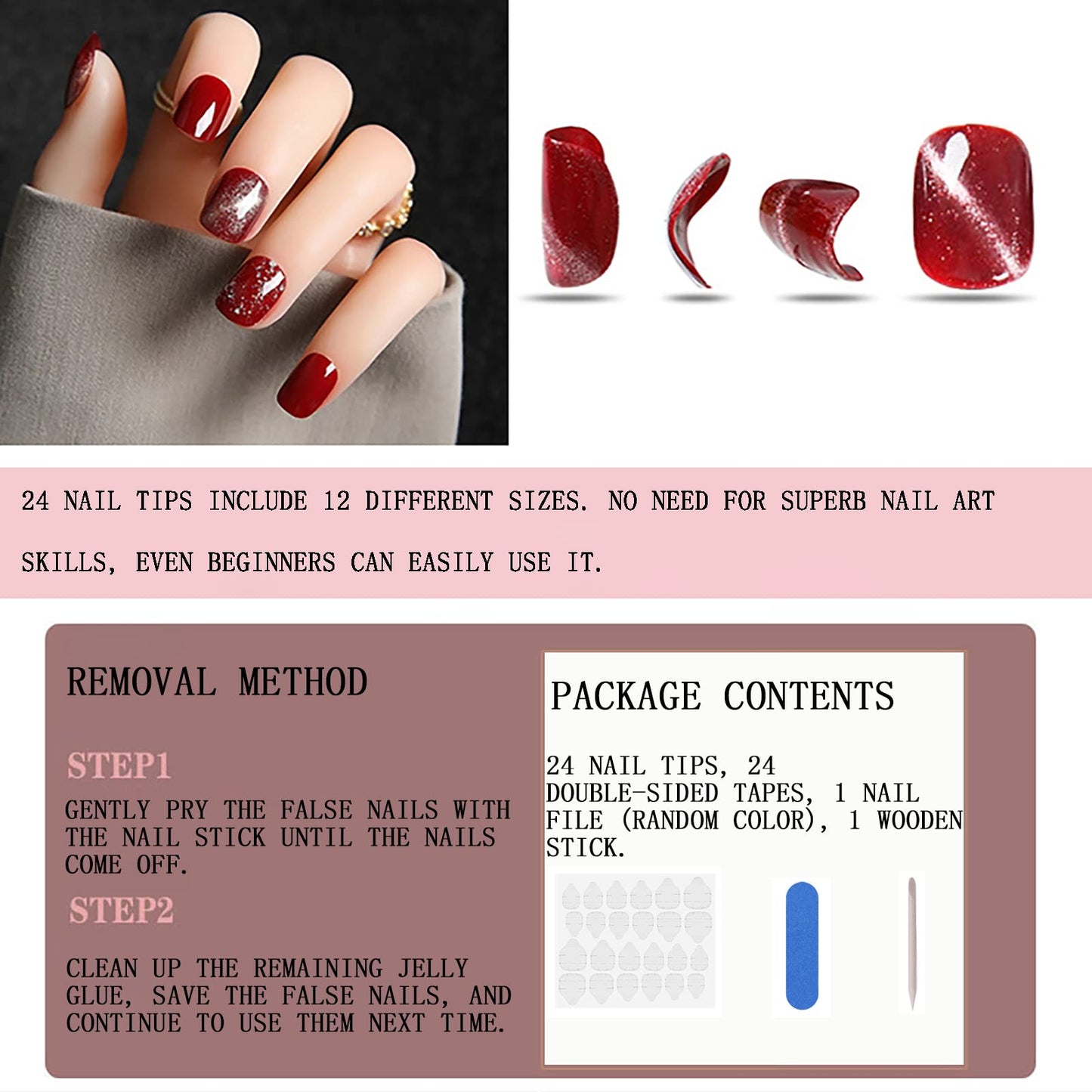 Short Almond Press on Nails Cherries Pink Fake Nails Press ons Acrylic Nails False Glossy Full Cover Artificial Stick on Nails for Women Girls 24 Pcs