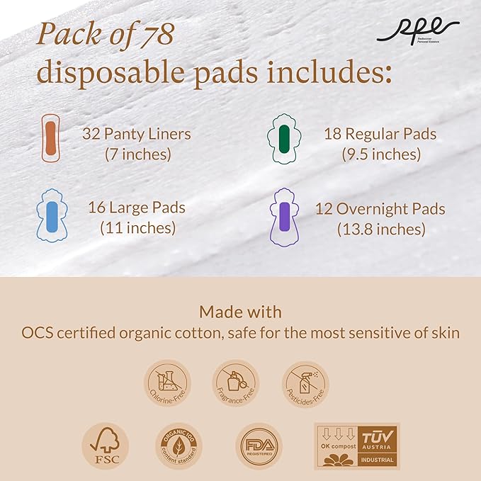 100% Organic Cotton Pad Bundle - Size 2,3,4,5 Period Essentials - Unscented Sanitary Pads Variety Pack - Regular, Large, Overnight & Long Panty Liners (Total 78 Ct)
