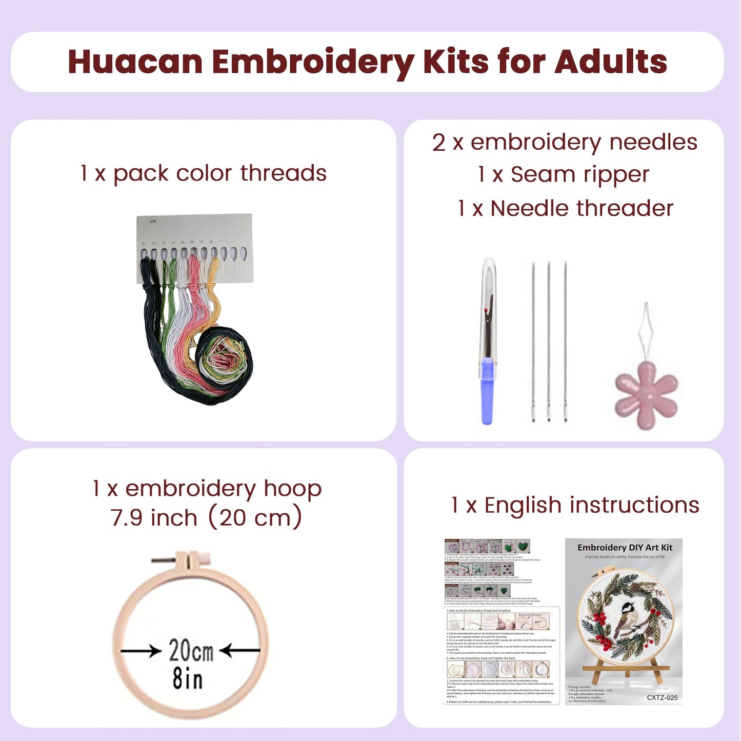 Huacan Embroidery Kits for Adults Beginner DIY Cross Stitch Stamped Christmas Pattern Stitching Wreath Sewing Kit 1 Piece 7.8 x 7.8 Inch