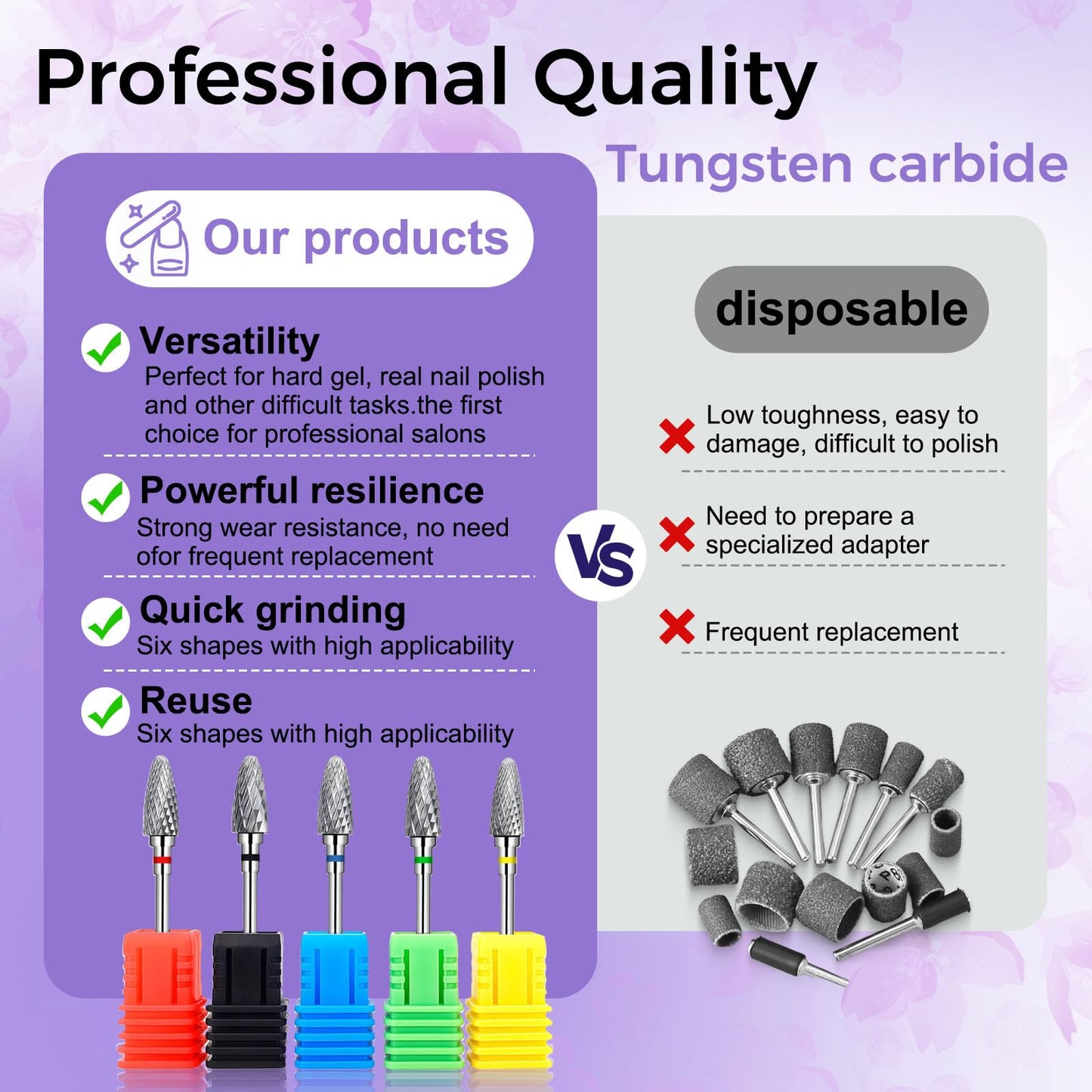 Fantexy Nail Drill Bits Set for Acrylic Nails,3/32 Inch Professional Tungsten Nail File Bits Nail Art Tools,Manicure Pedicure Shapen Remove Tools, Home Salon Use(5Pieces