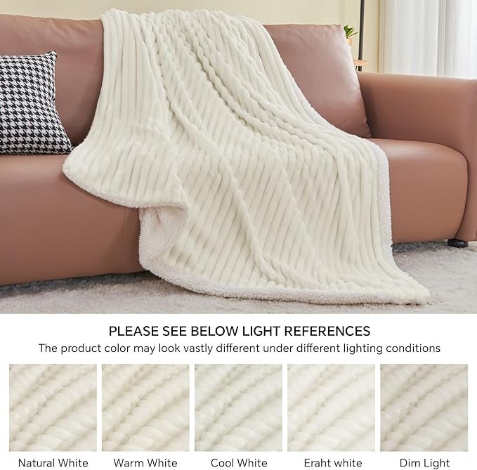 INFIIXSO Sherpa Fleece Queen Size Blanket - Super Soft & Warm Striped Fleece, Cozy Plush Fluffy Large Bed Blanket All Season Use (Cream, 90x90 Inches)