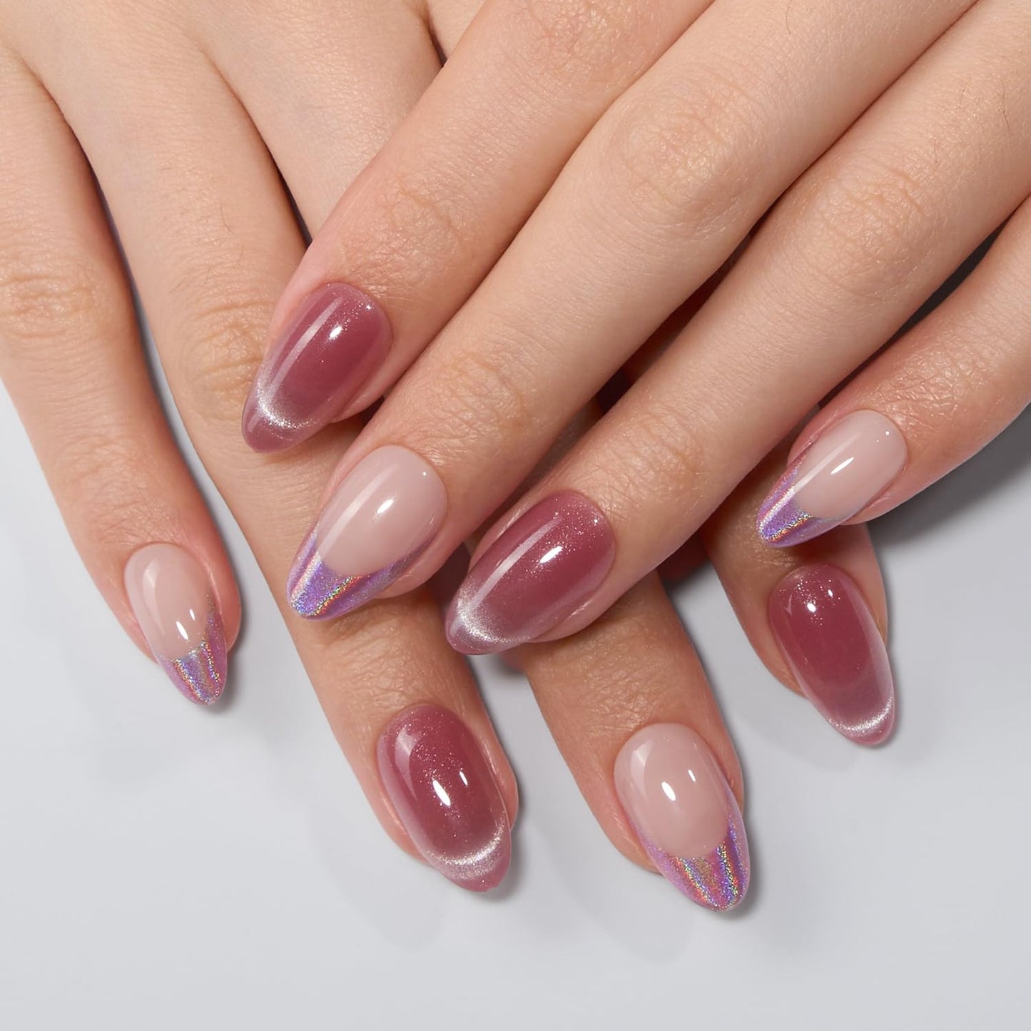VSALON Press on Nails Short Almond, Cat Eye Nails Set, French Tip Reusable Gel Fake Nails Set, Dual Glam Nails & Mini Pack