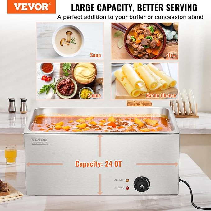 VEVOR Commercial Food Warmer 24QT Bain Marie 1200W Electric Buffet Warmer Steam Table Food Warmer Countertop Stainless Steel Food Warmer Wet or Dry Use for Parties, Catering and Restaurant