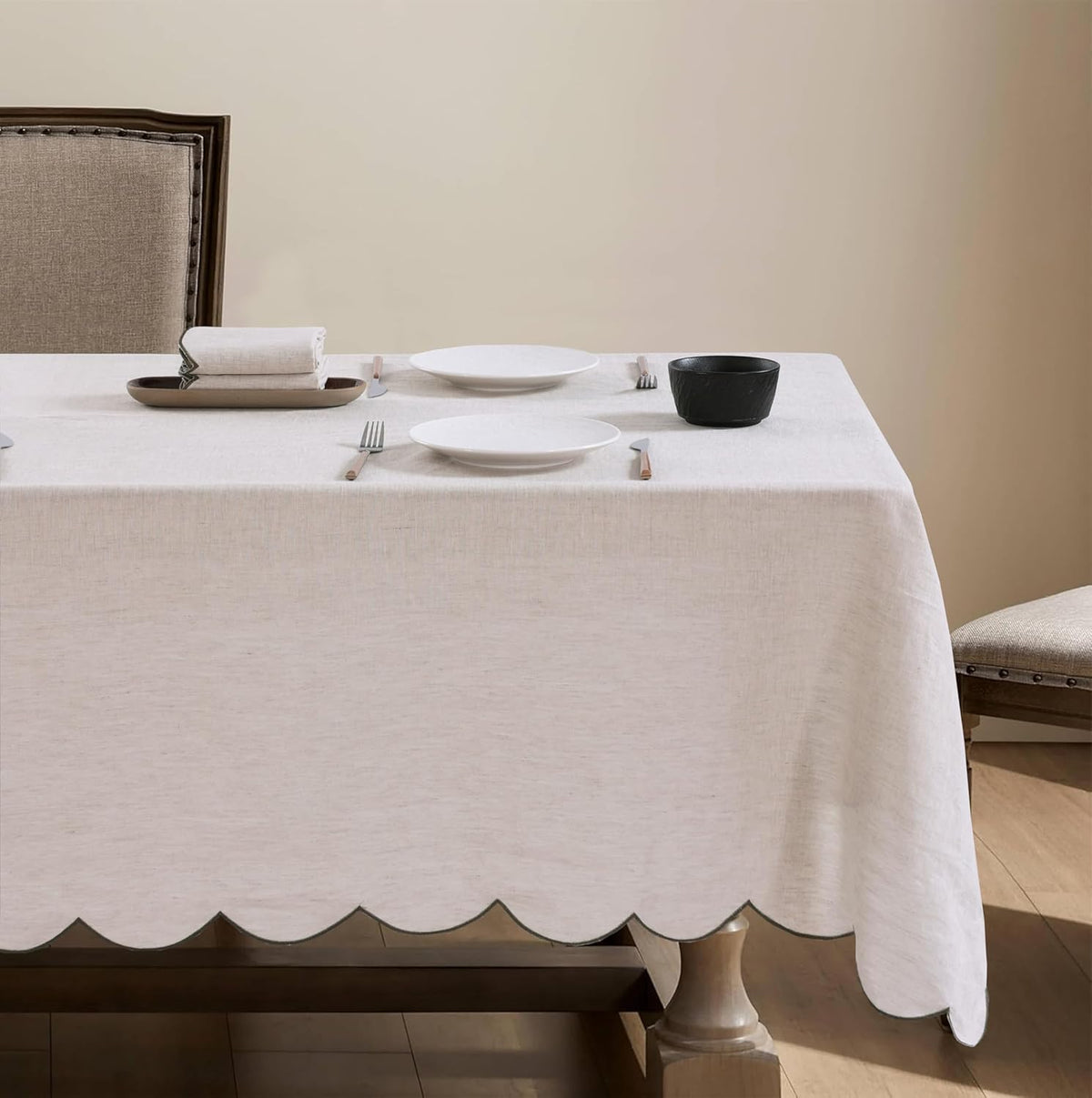 100% French Flax Linen Tablecloths Scalloped Embroidery Rectangle 144Lx60W Inch for Dinners, Parties, Spring, Machine Washable, 12-14 Sets, Linen(Edges-Green)