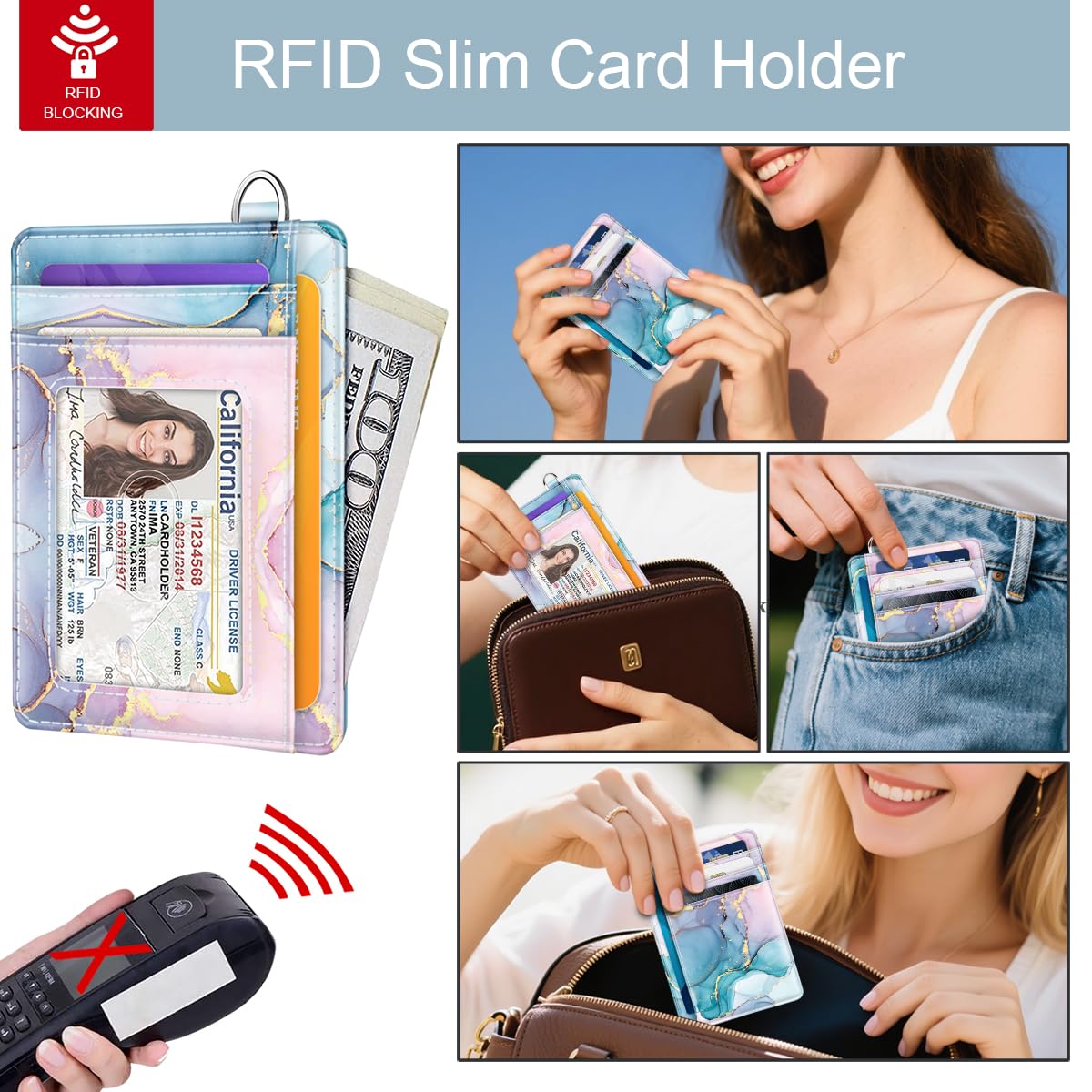Coco Rossi Slim Front Pocket Wallet Minimalist RFID ID Card Holder Cute Small Wallets with Wrist Lanyards Key Chain Holder for Women, Gradient Marble