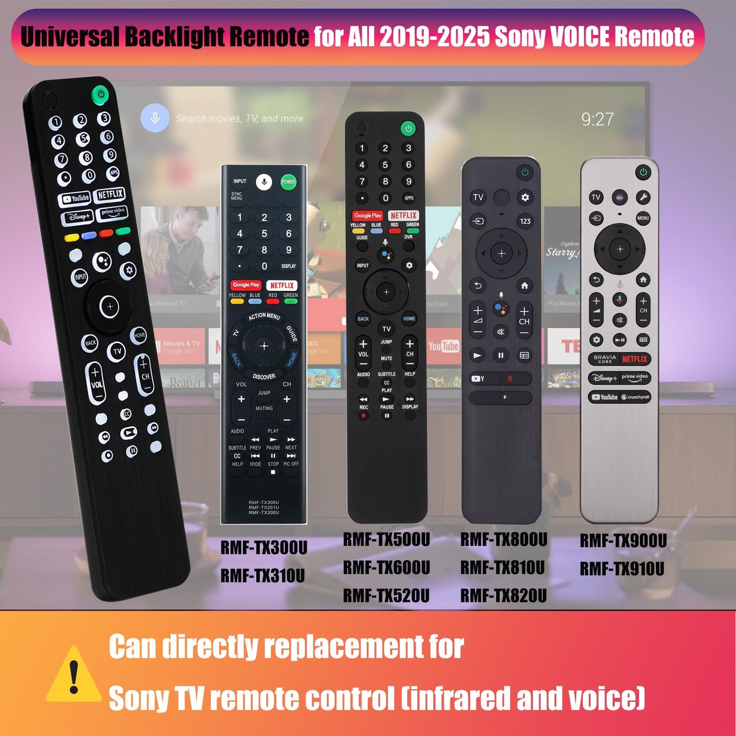 Universal Backlit Remote for Sony TV, for All 2019-2025 Sony Remote Control for Smart TV with Voice Control, Replacement Remote for Bravia XR/XBR/KD Series Google TVs, Backlight, 1 Year Full Warranty