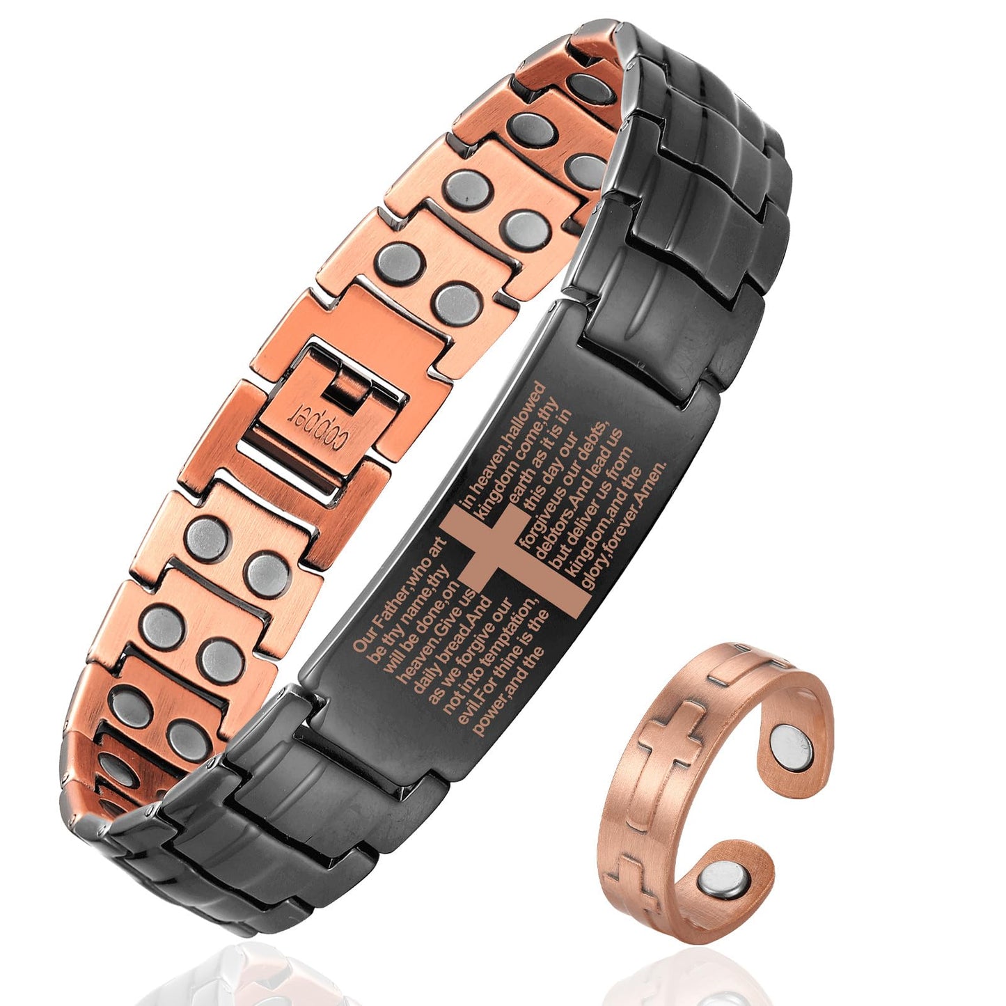 Fashtour Copper Cross Bracelet for Men - Ultra Strength Magnetic Mens Cross Jewelry Set - Adjustable Magnetic Bracelet with Sizing Tool Jewelry Box(Black)