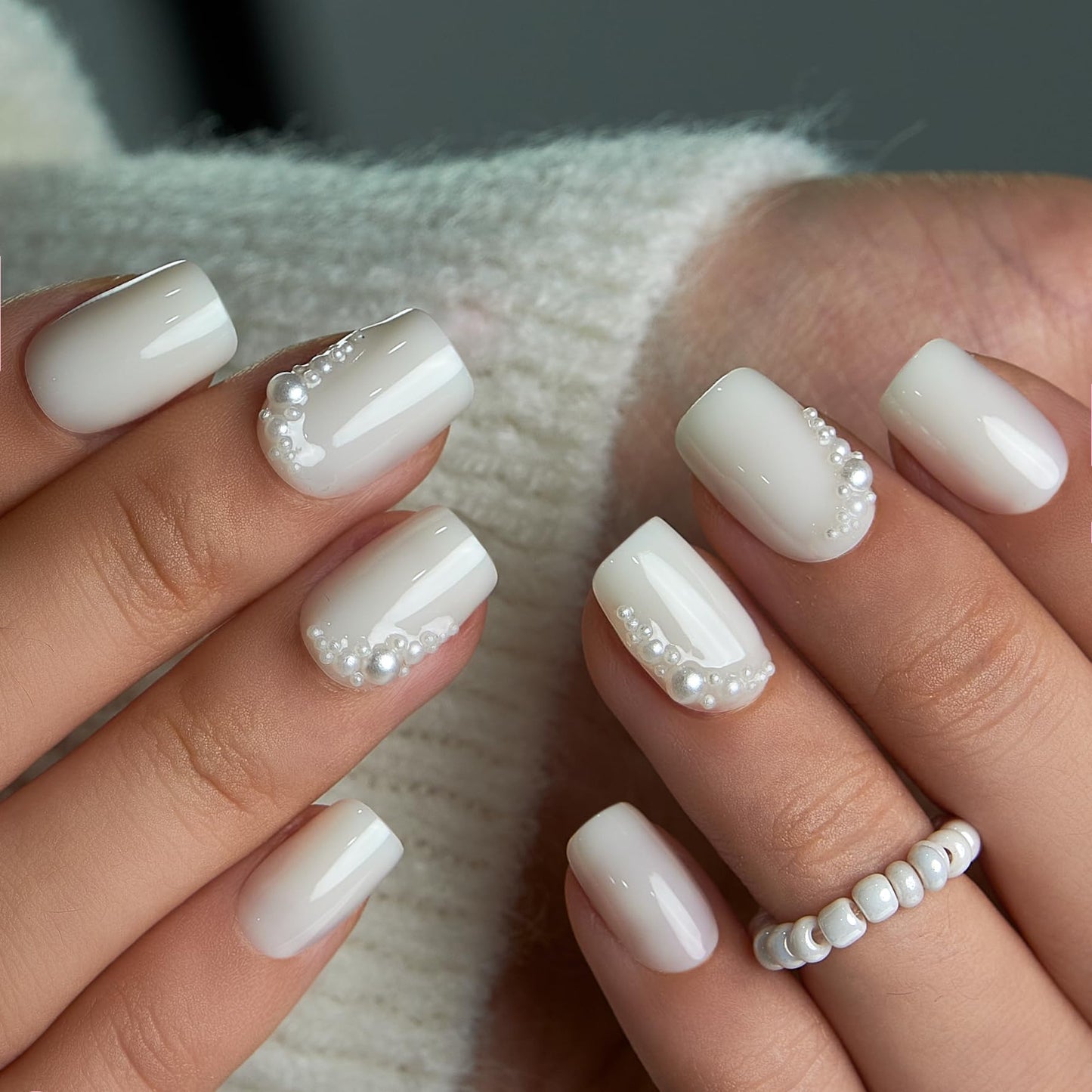 Curvlife Press On Nails Short Square White - Pearl Crescent Press on Nails with Glue, 3D Pearl French Tip Glossy False Nail Tips with Pearls for Women Wedding
