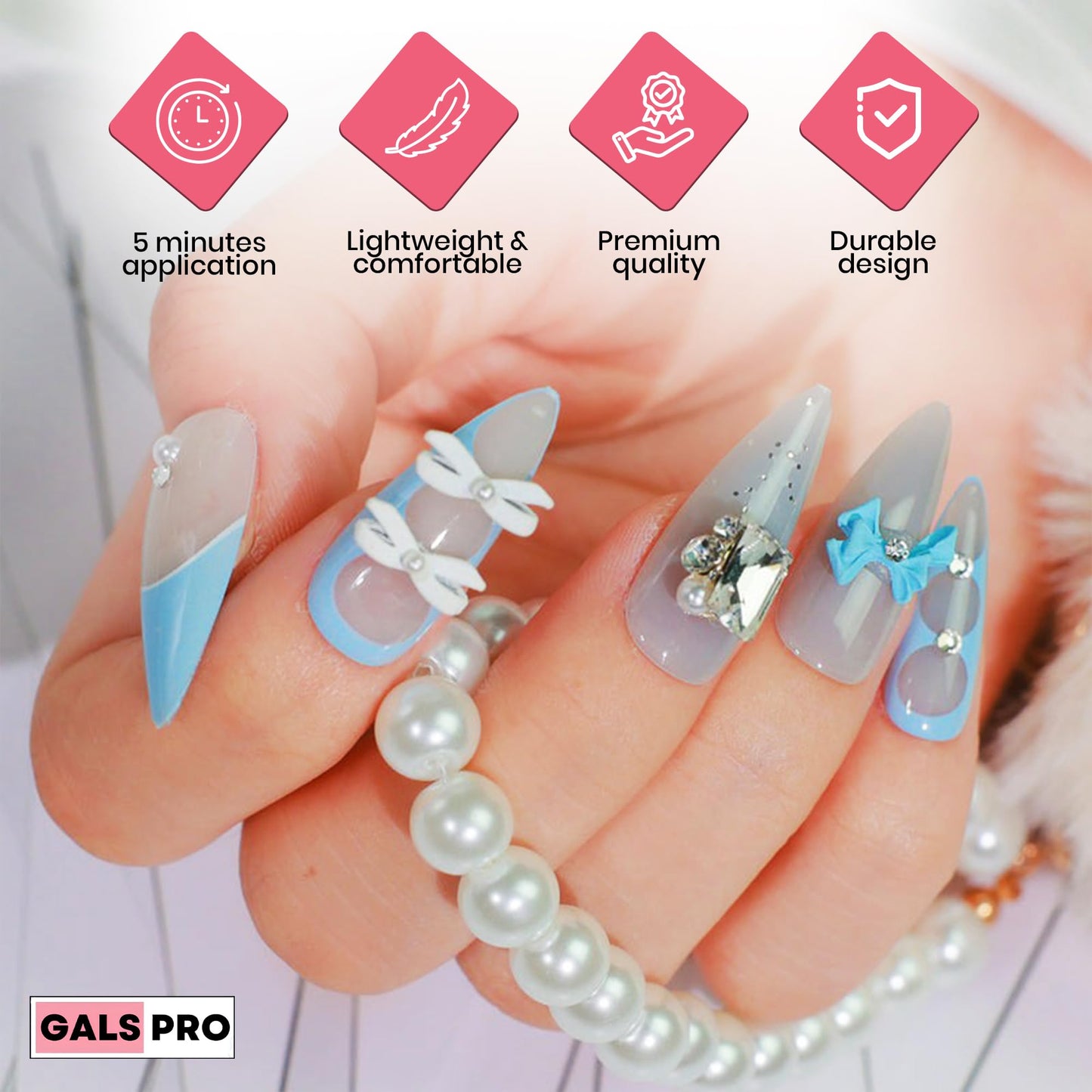 GALSPRO Medium Press on Nails - Set of 24 Fake Nails with Designs in 12 Different Sizes for Perfect Fit, Cute False Nails Kit for Women with 0.07oz Nail Glue, A Double Sided Nail File & Cuticle Stick
