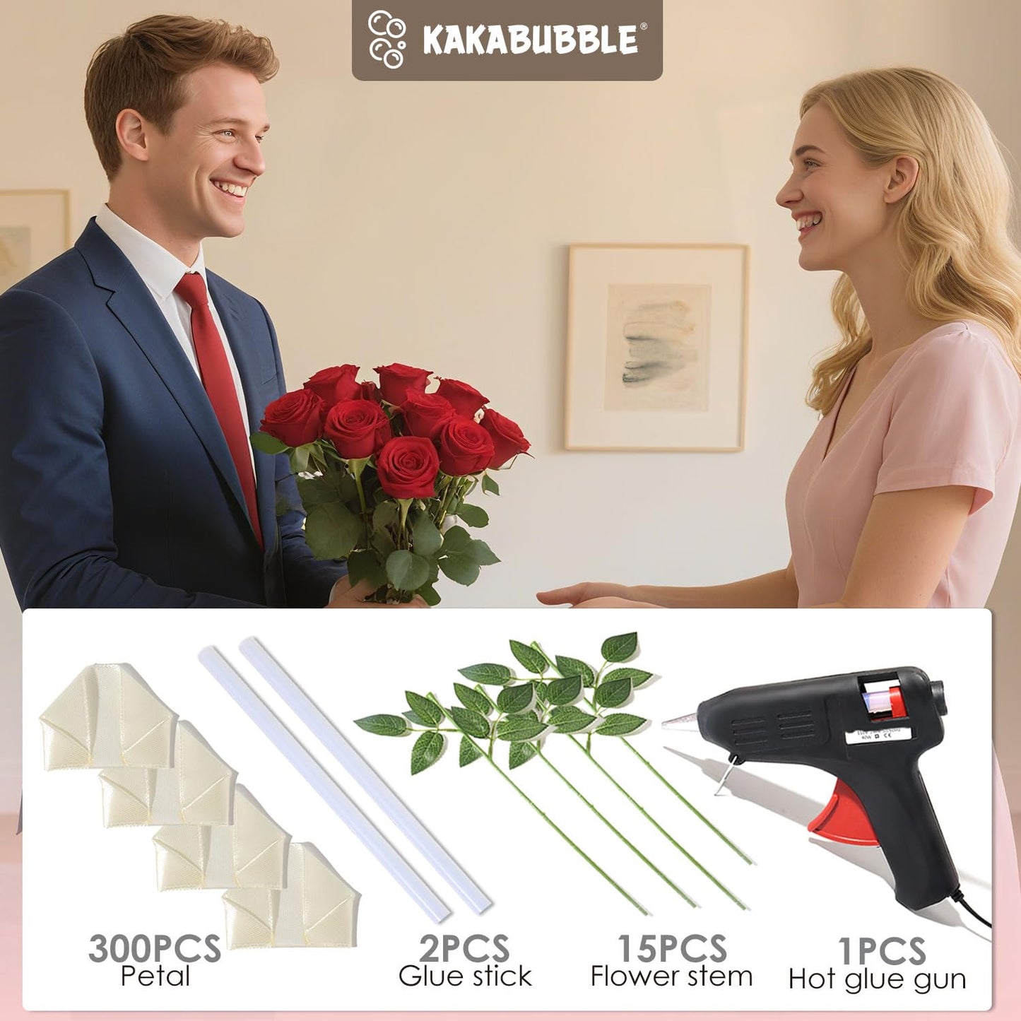 KAKABUBBLE 300PCS DIY Rose Petal Kit with Glue Gun, Sticks & Leafy Stems | Half-Finished Satin Ribbon Flower Craft Set | for Wedding, Anniversary, Birthday Bouquets (Cream White)