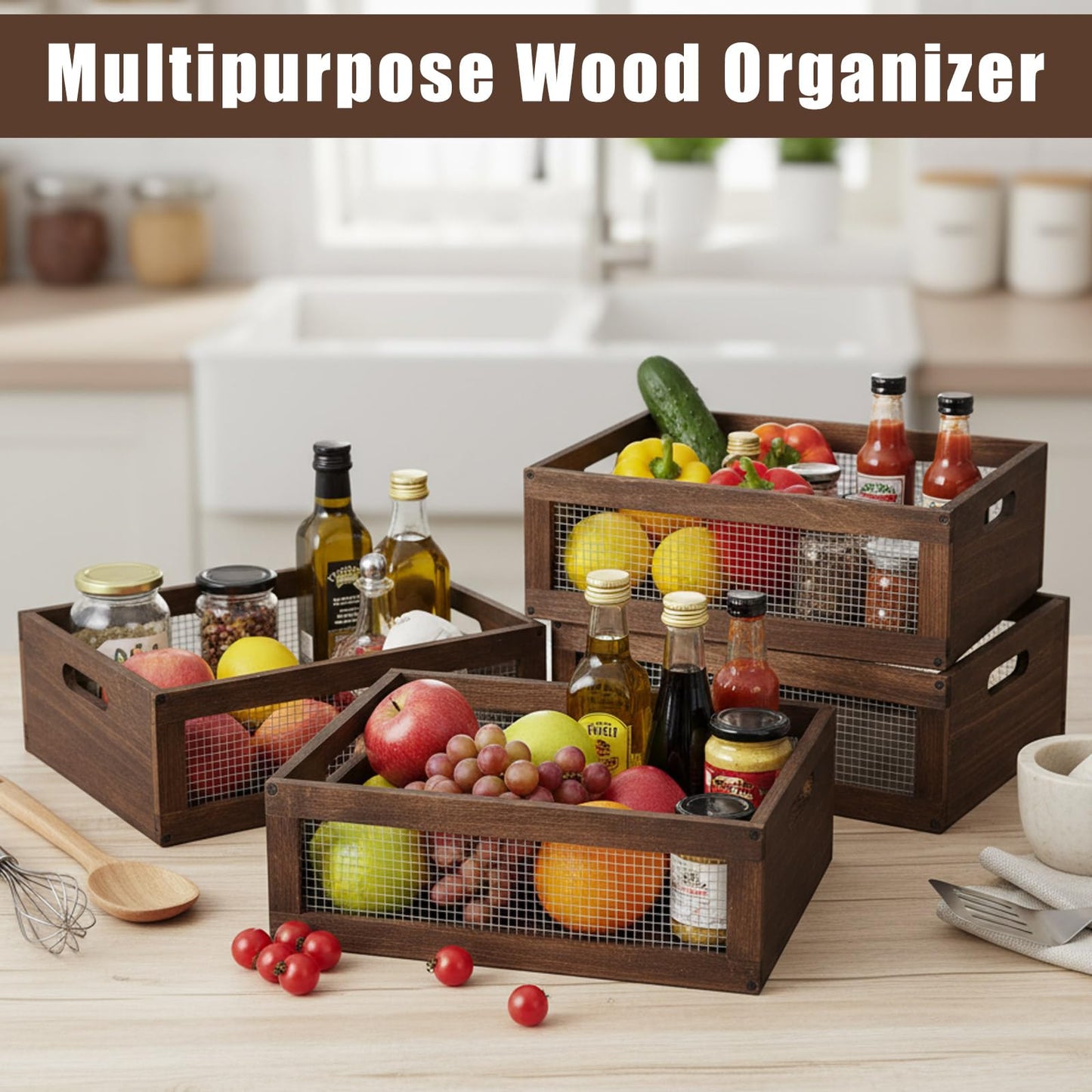 4 Pcs Wooden Countertop Baskets for Kitchen Bathroom, Easy Self-assembly Rustic Nesting Boxes with Handle and Wire Mesh, Multipurpose Wooden Crates for Fruit, Include Screws (Medium,Burnt Wood Finish)