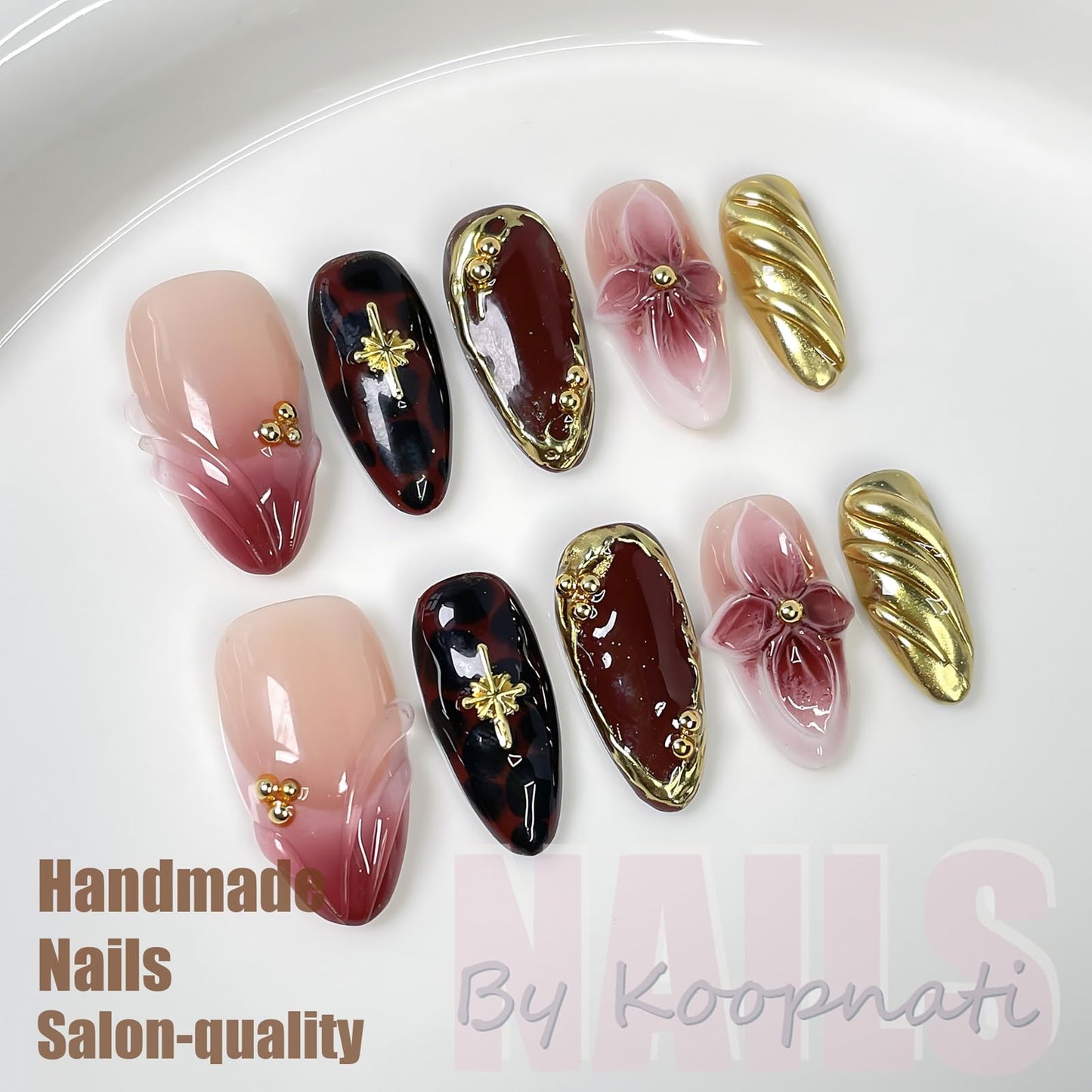Handmade Press On Nails Almond Homemade Press On Nails French Tip With 3D Design Fake Nail Art For Women M