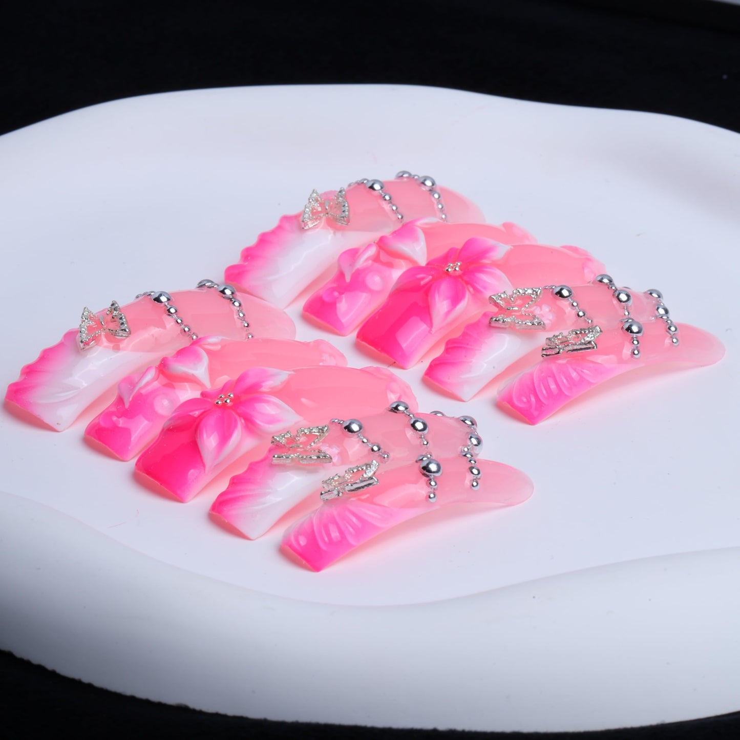 IntoVibes Handmade 10 Pcs Curved Press On Nails, Long Pink Gradient False Nails with 3D Flowers, Butterfly Rhinestone Charms and Glossy Finish (M)