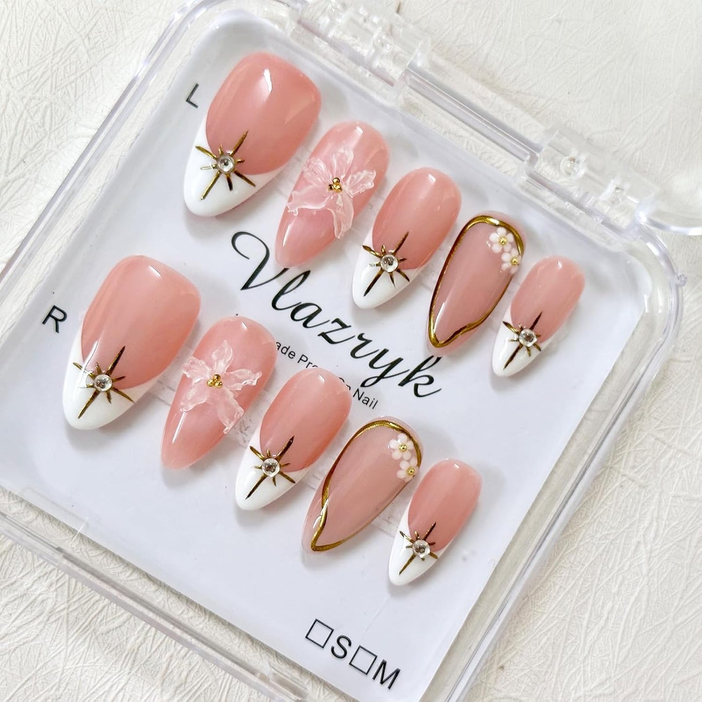 Brown French Tip Press On Nails Medium Almond ，3D Metallic Rhinestones style Design Handmade Press On Nails ，Reusable Glam Art Acrylic False Nails (10 PCS) M SIZE