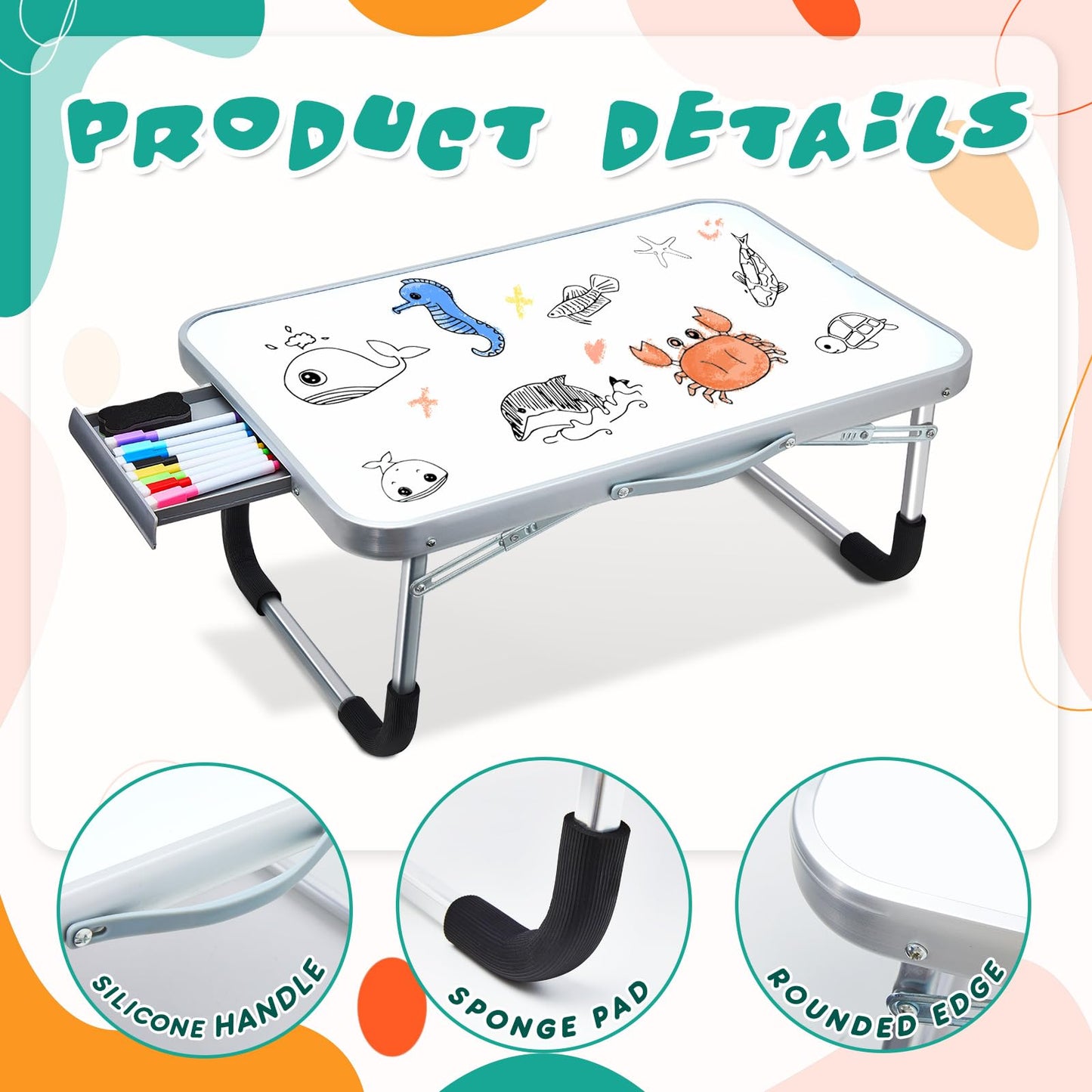 Suzile 1 Pc Portable Lap Desk with Dry Erase Board, Foldable Bed Tray Table with Storage Drawer, Markers & Eraser, Whiteboard Writing Surface for Couch, Sofa, Drawing, Writing, Home Office