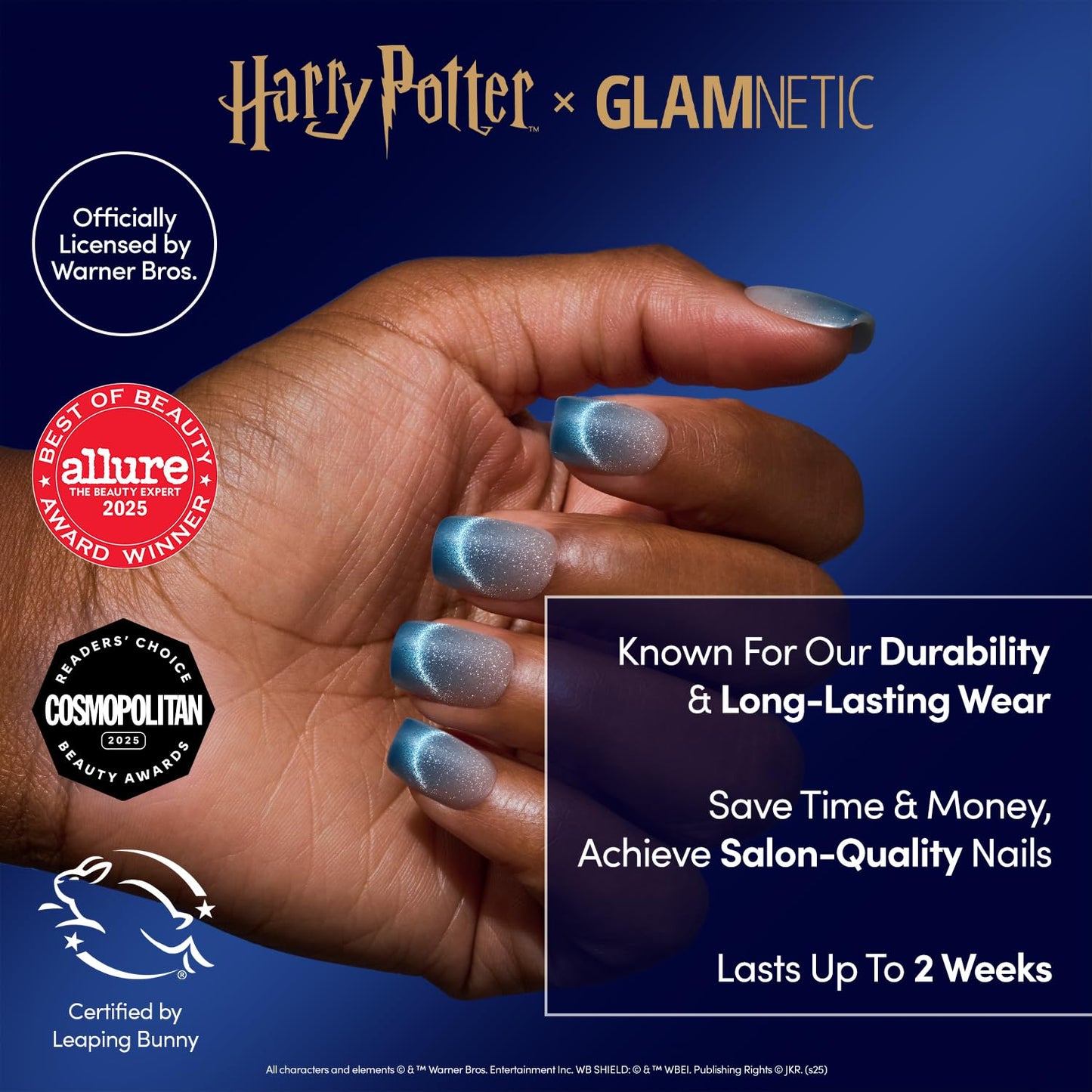 Glamnetic Press On Nails x Harry Potter™ - Lumos | Short Squoval Fake Nails with Velvet Blue Magnetic Gradient Tips, Salon Quality Officially Licensed | 15 Sizes - 30 Nail Kit with Glue