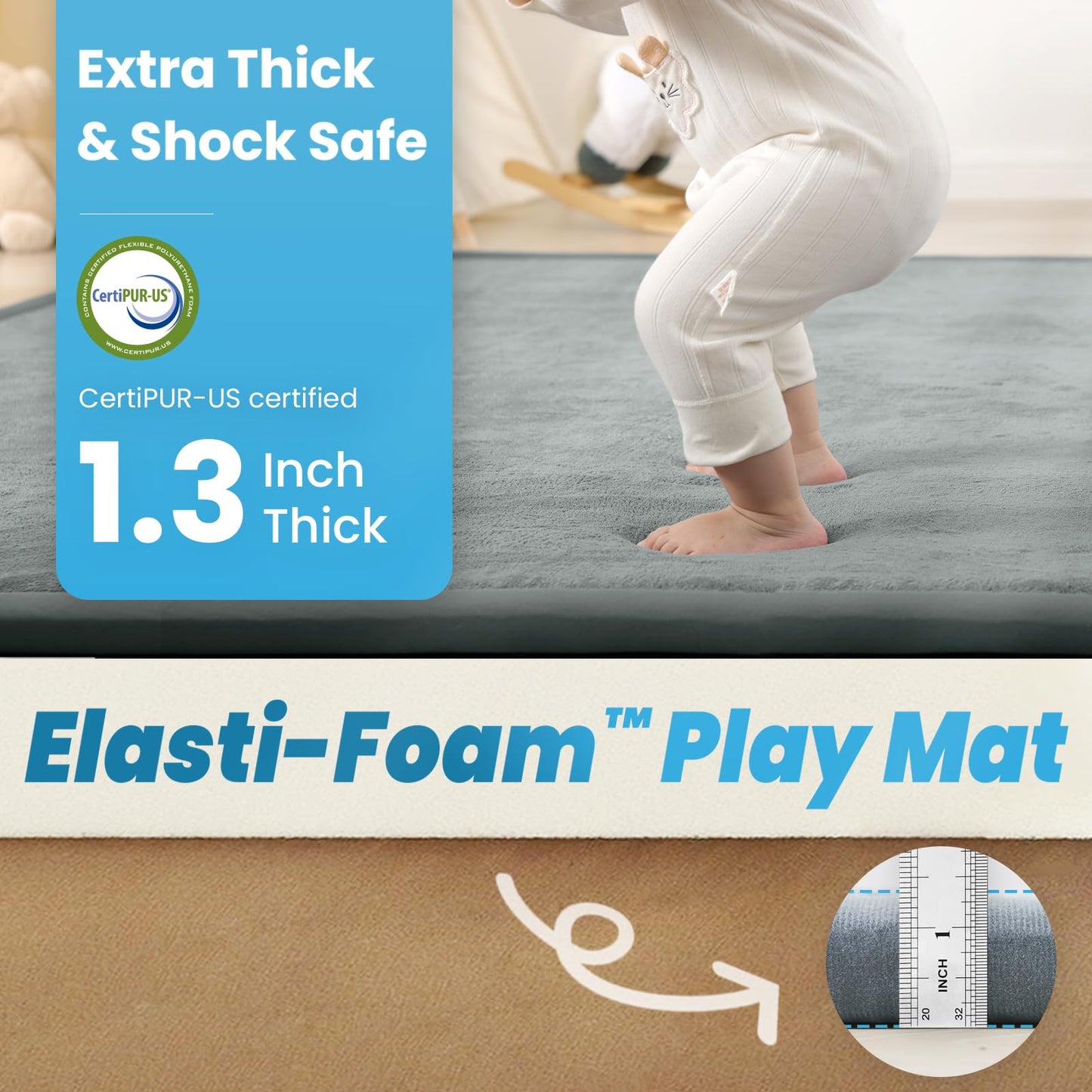 PaPaMat 1.3" Thick Baby Play Mat for Floor Playpen, 71x59 Large Foam Tummy Time Mat, Padded Support Soft Plush Nursery Rug for Infant Kids Toddler Crawling Kick Activity (Light Grey)