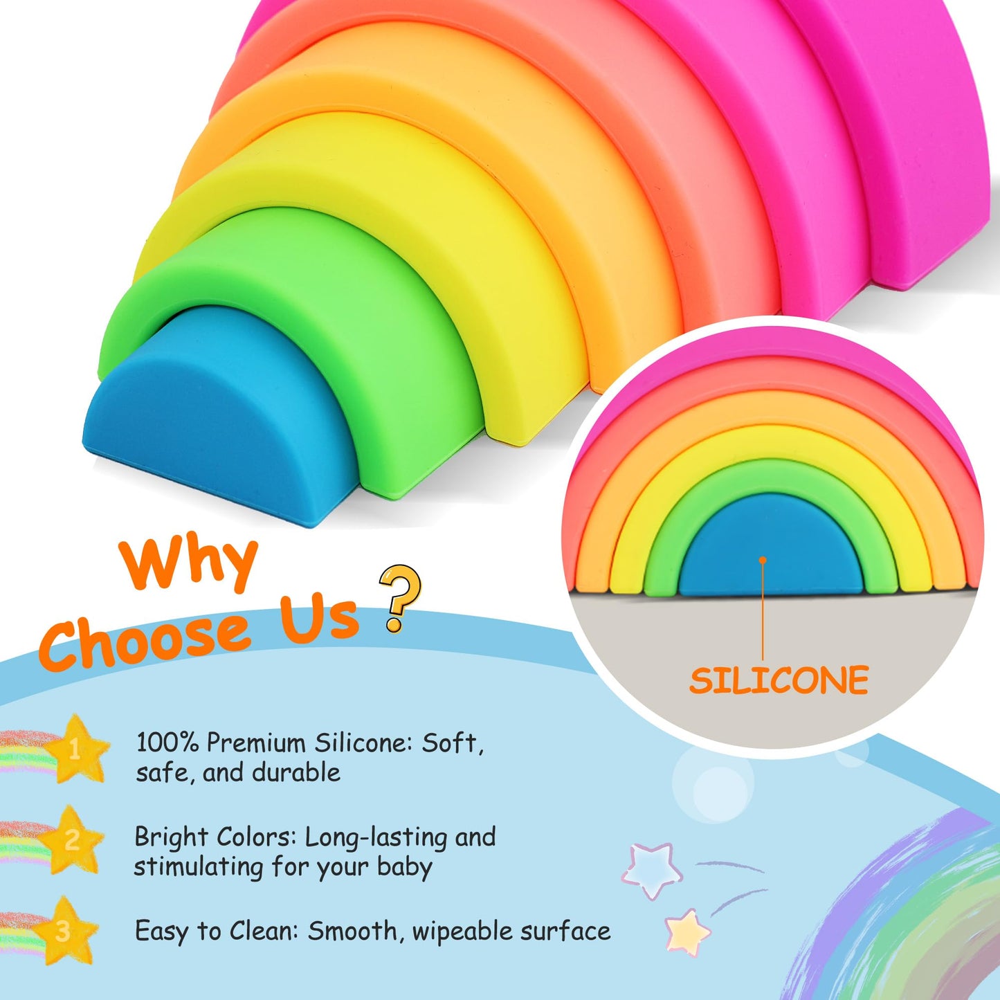 ROHSCE Silicone Rainbow Stacker 7PCS + Montessori Ball Drop Toy, Soft Nesting Blocks Sensory Stacking Toys, 2-in-1 Educational Set for Creative Play & Learning, Babies & Toddlers