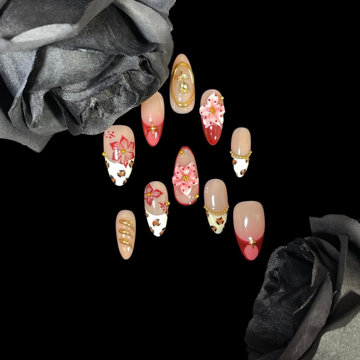 Handmade Press on Nails, Medium Almond Shape, 3D Floral Design with Gold Accents, Leopard Print Acrylic False Nails (Gilded Feline, L)
