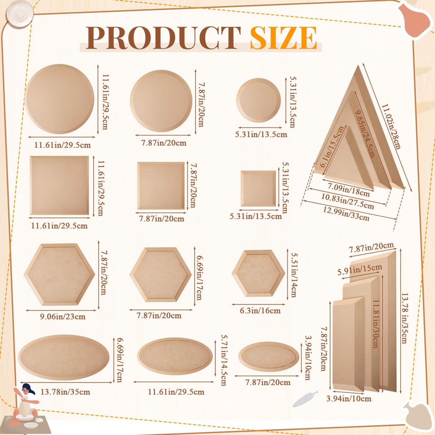 Sunnychicc 18 Pcs Ceramic Mold for Clay Wooden Pottery Molds for Clay Slump for Pottery Ceramic Plate Tools for Handbuilding Dish Plate, 6 Shapes, 18 Sizes