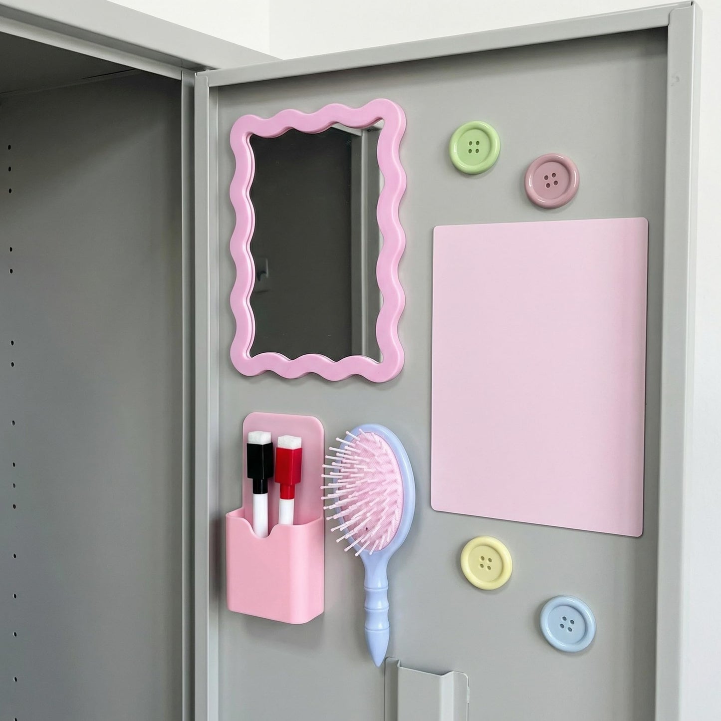 Pink Magnetic Locker Accessories Set (10 Pcs) – Shatter-Resistant Mirror, Whiteboard, Pen Holder, Comb, Markers & Magnet Clips – Cute Organizer for School, Gym, Work Locker Essentials for Girls Teens