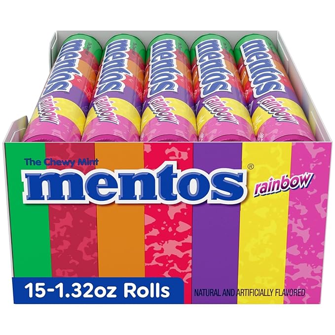 Mentos Chewy Mint Candy Roll, Rainbow, Non Melting, Party, 14 Pieces (Bulk Pack of 15)