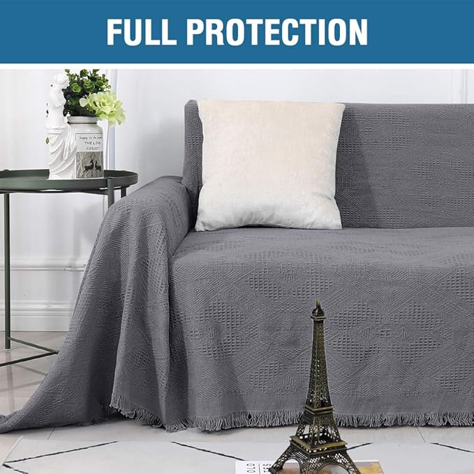 H.VERSAILTEX Cotton Sofa Covers Couch Cover Sofa Slipcover for Most Shape Sofas, Feature Thick Woven Jacquard Seamless with Tassels, Multi-Use Decorative for Couch (Medium: 71" x 91", Grey)