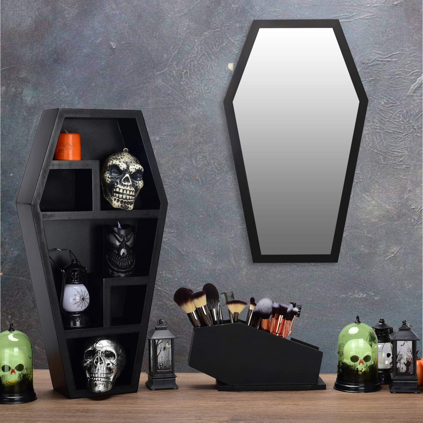 Gothvanity Gothic Coffin Wall Mirror - Spooky Dark Decor for Bedroom Living Room Bathroom, Wooden Sturdy Large Black Mirror with Hooks, Ready to Hang 20x12 Inches