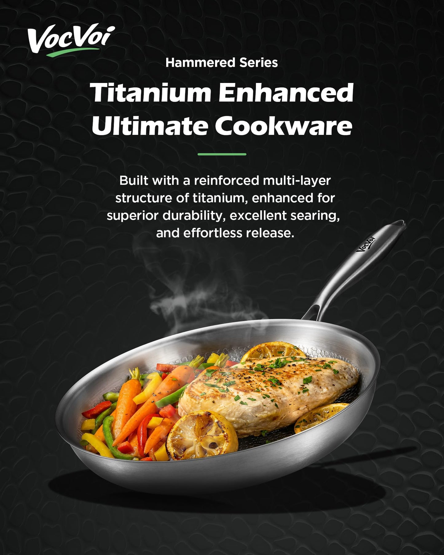 Titanium pans for cooking Non Stick,12" Uncoated Hammered titanium pro frying pan, PFAS Free Cookware, Butter warmer skillet, Induction & Oven-Safe