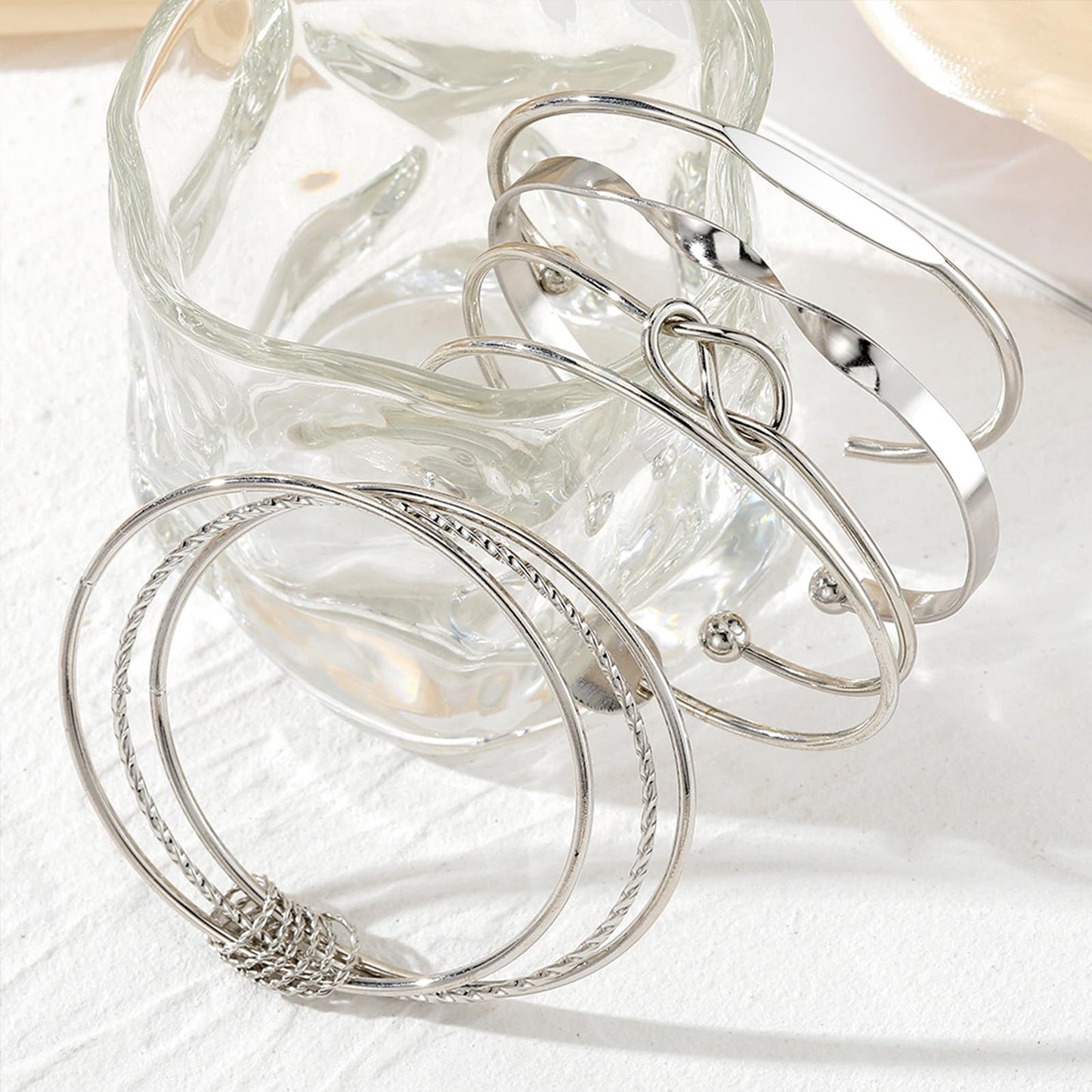 IFKM Silver Bangles Bracelets For Women, Silver Plated Multi Layer Stackable Cuff Bracelet Set, Trendy Elegance Charms Non Tarnish Minimalist Textured Boho Jewelry Gift for Women