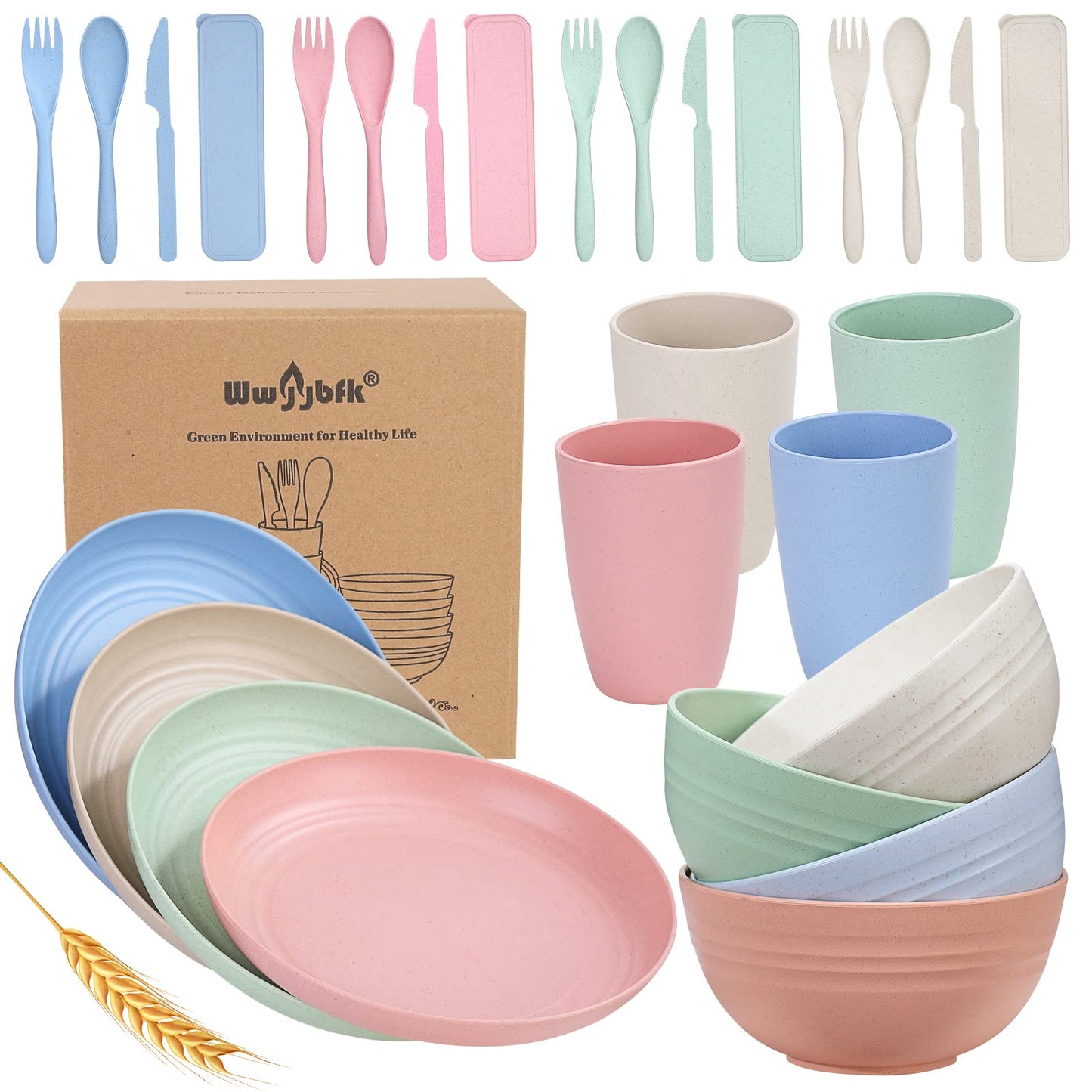 Wheat Straw Dinnerware Sets for 4, Wheat Straw Plates and Bowls Sets Kitchen Dishes 28pcs College Dorm Room Essentials Cutlery Set Microwave Safe (Colorful)