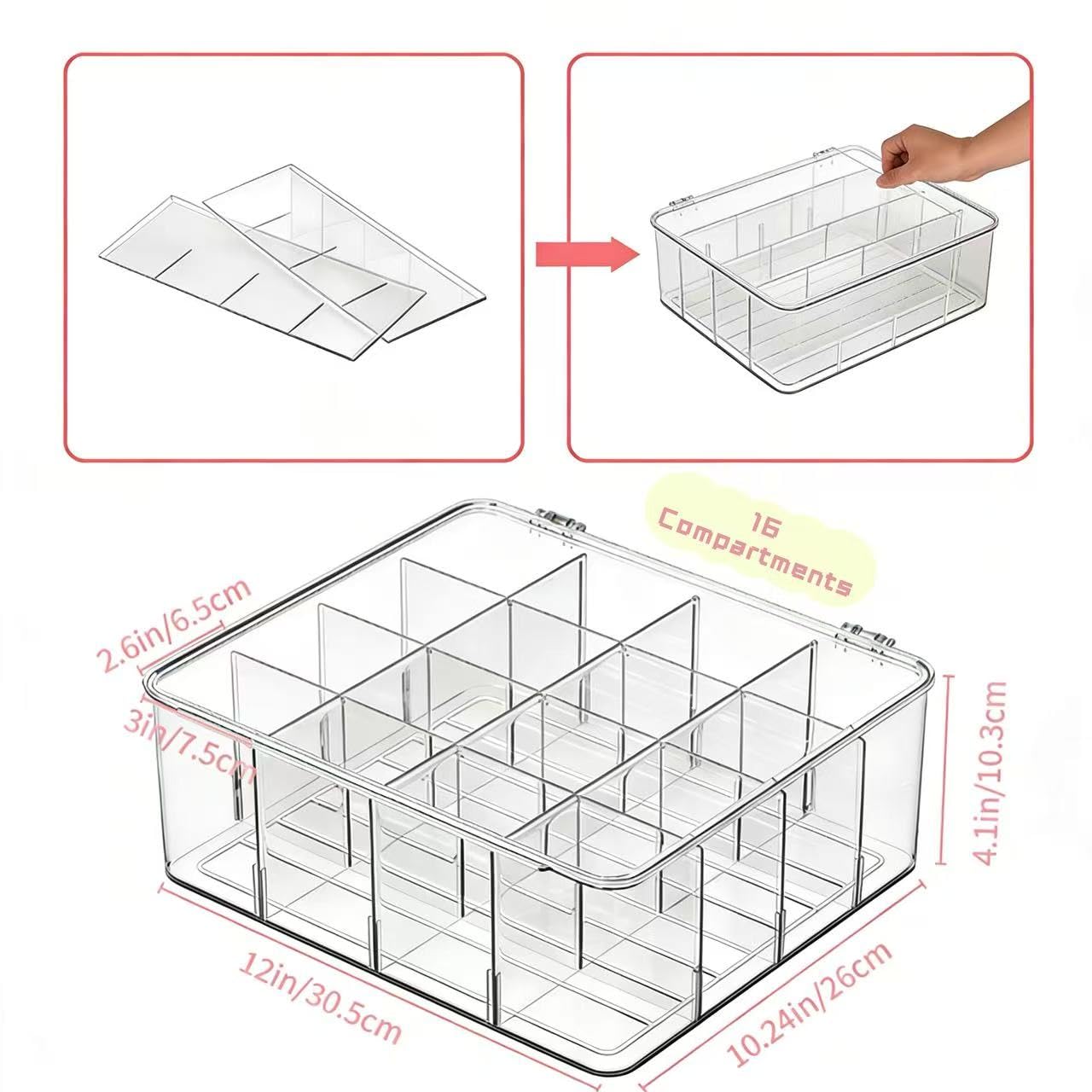 16 Compartment Acrylic Tea Bag Organizer with Lid - Stackable Clear Storage Box for Countertop, Pantry & Cabinet | BPA-Free Dustproof Container for Tea Packets, Coffee Pods, Sugar & Condiment Packets