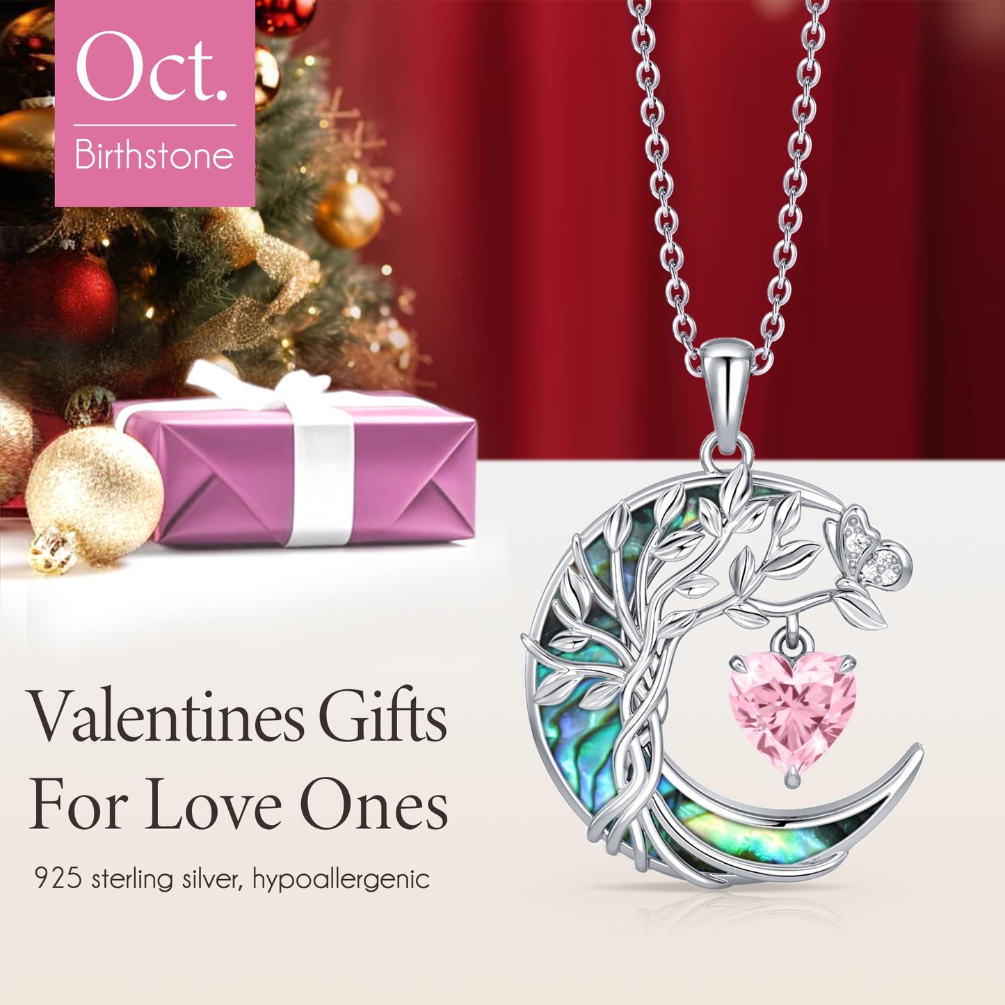 Distance Women's Tree of Life Abalone Shell Moon Heart Birthstone Necklace, S925 Sterling Silver, Pink October Birthstone, 45cm Chain