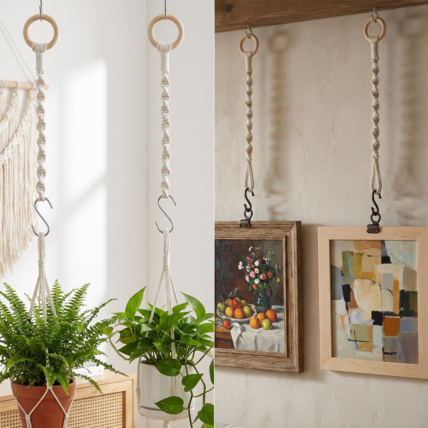 Qulkws 3 Pcs Adjustable Macrame Plant Hanger Extenders with Wooden Ring Handmade Woven Hanging Basket Extension Connectable Rope Hanging Plant Extender for Outdoor Indoor Plants Pot Holder Home Decor