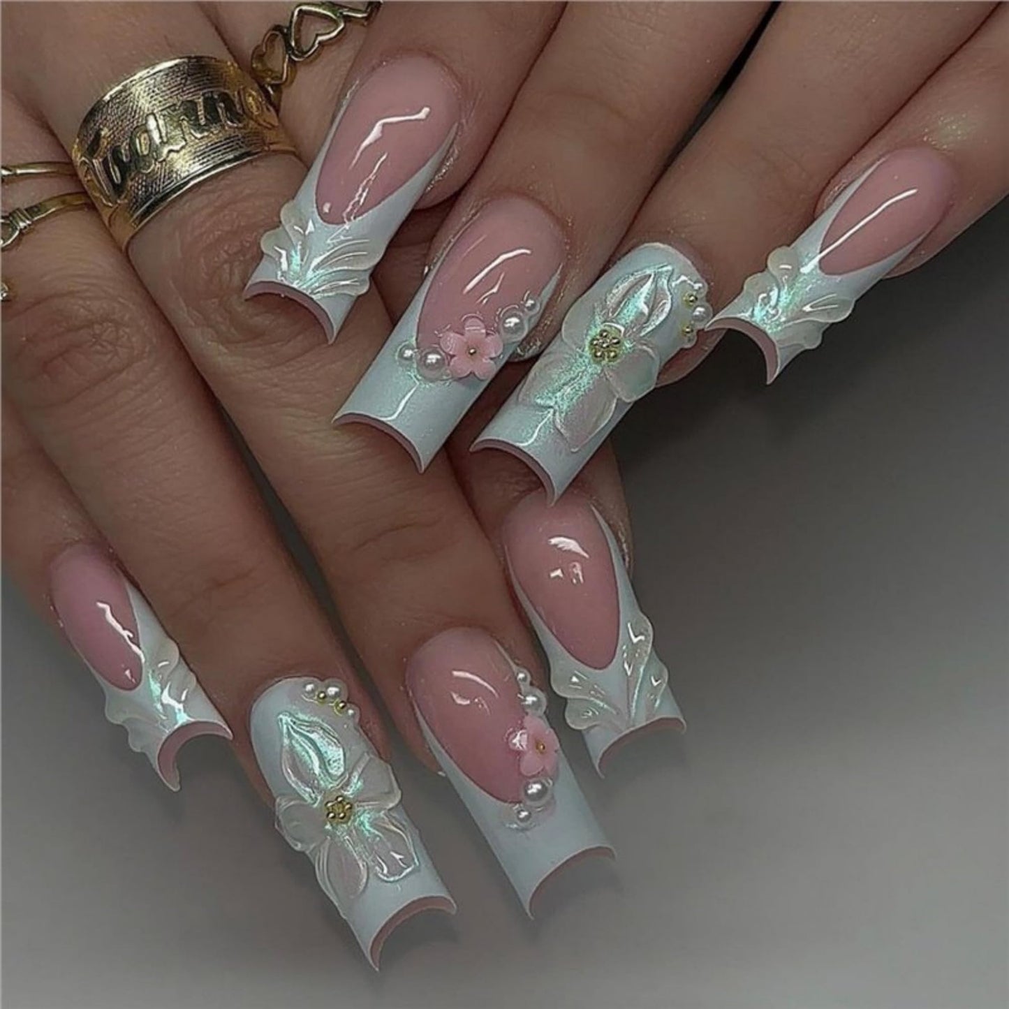 Square Press on Nails Long Fake Nails White Artificial Nail Flowers and Pearl Designs Glitter Stick on Nail for Women 24pcs
