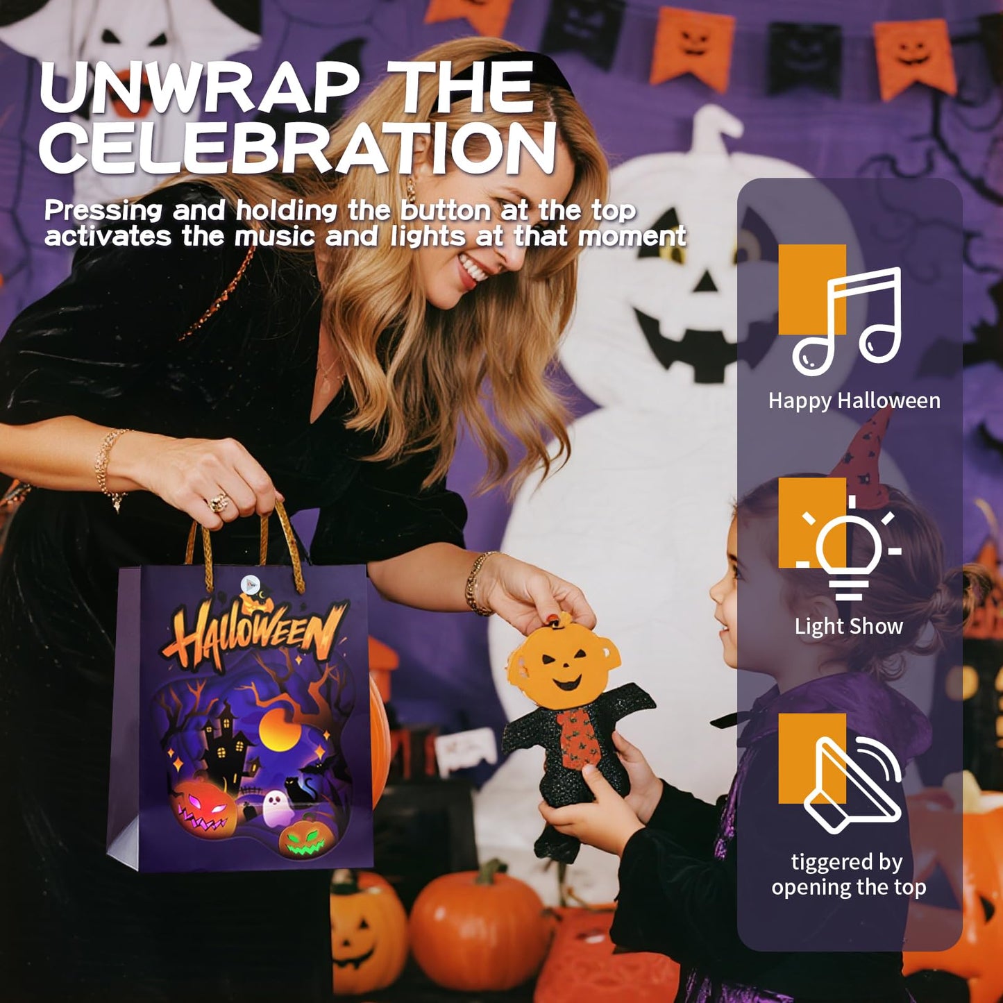 popgiftee Halloween Party Gift Bag Light Fireworks and Cheer Music Treat Bags with Shopping Handle,7.87x3.94x10inch