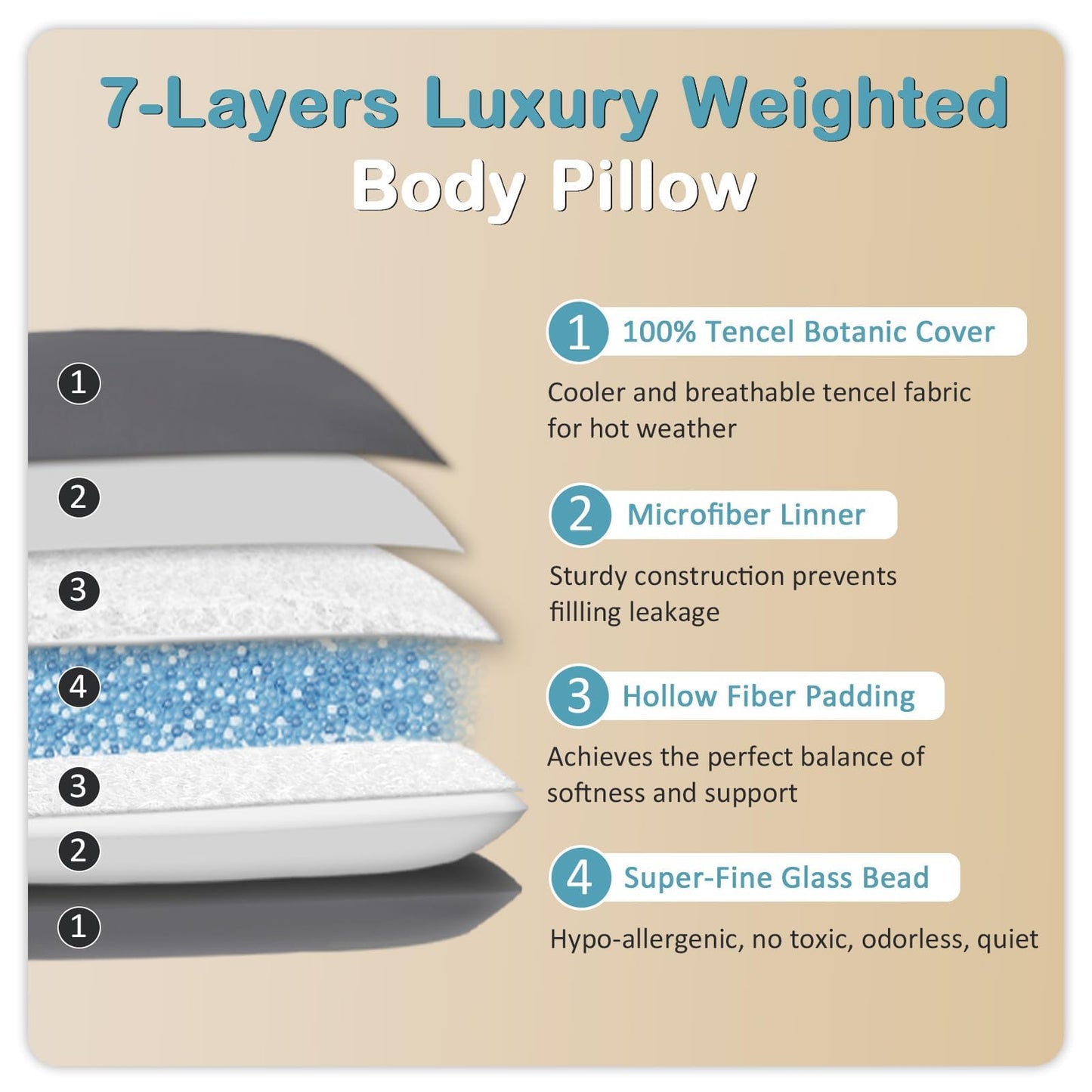 MIOTO Cooling Weighted Body Pillow with Tencel Cover（48" x 14"） 8.5lbs - Quilted Glass Beads Body Pillows for Better Sleep, Weighted Pillow for Adults, Long Pillow for Bed, Ideal Side Sleeper Pillow