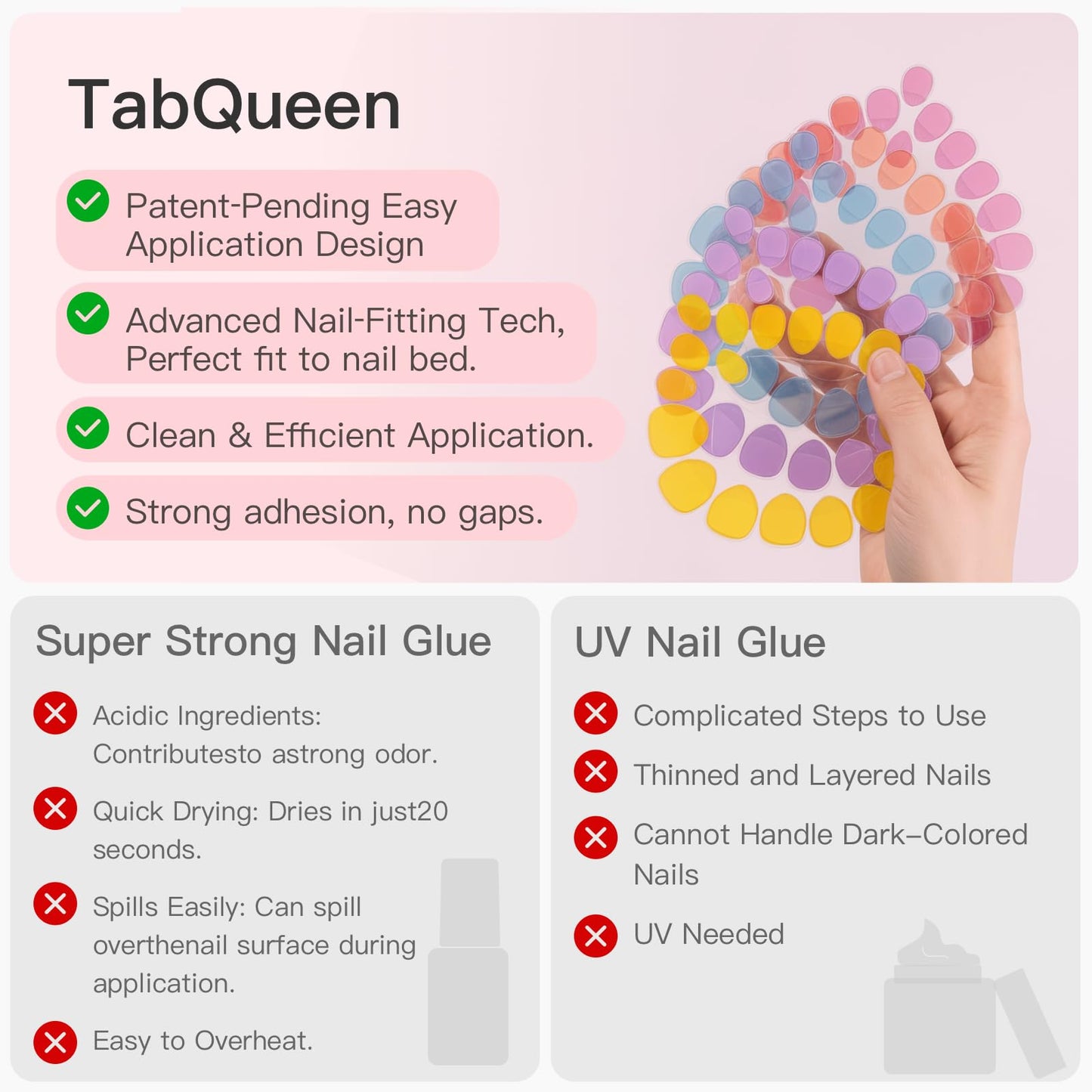 CurvLife TabQueen Extra Strong Press On Nail Adhesive Tabs, 10 Sheets 180PCS 18 Sizes, Strong Hold Nail Glue Stickers, 0.3mm Ultra-Thin Sticky Tabs, Waterproof, Easy Peel, Gentle Removal