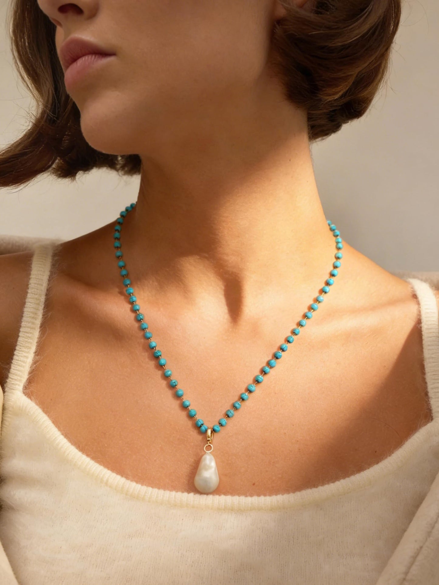 CANEVINKA 18k Gold Plated Turquoise Beaded Necklace for Womenm Removable Baroque Pearl, Dainty Boho Short Choker, Adjustable Lobster Clasp Vintage Gift