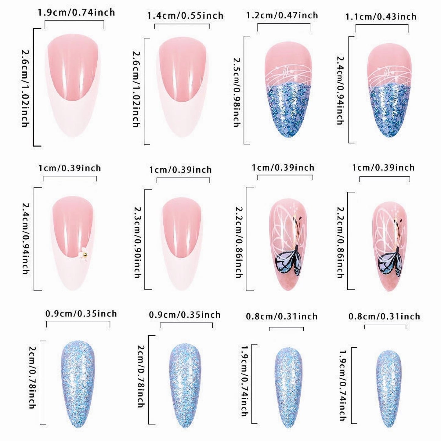 MISUD Press on Nails - Medium Almond Fake Nails with Summer Blue Butterfly Acrylic Bling Glitter Design 24 pcs
