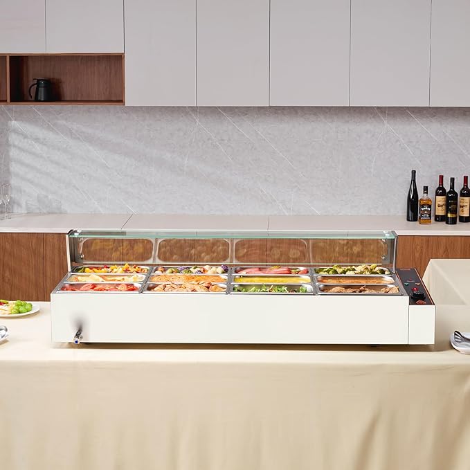 VEVOR 12-Pan Commercial Food Warmer, 12 x 8QT Electric Steam Table with Glass Cover, 1700W Countertop Stainless Steel Buffet Bain Marie 86-185°F Temp Control for Catering, Restaurants, Silver